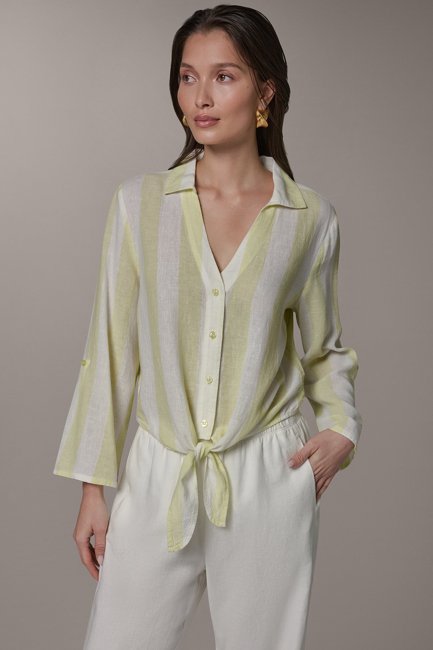Limoncello/Cream LONG SLEEVE TIE-FRONT BLOUSE Donna Karan