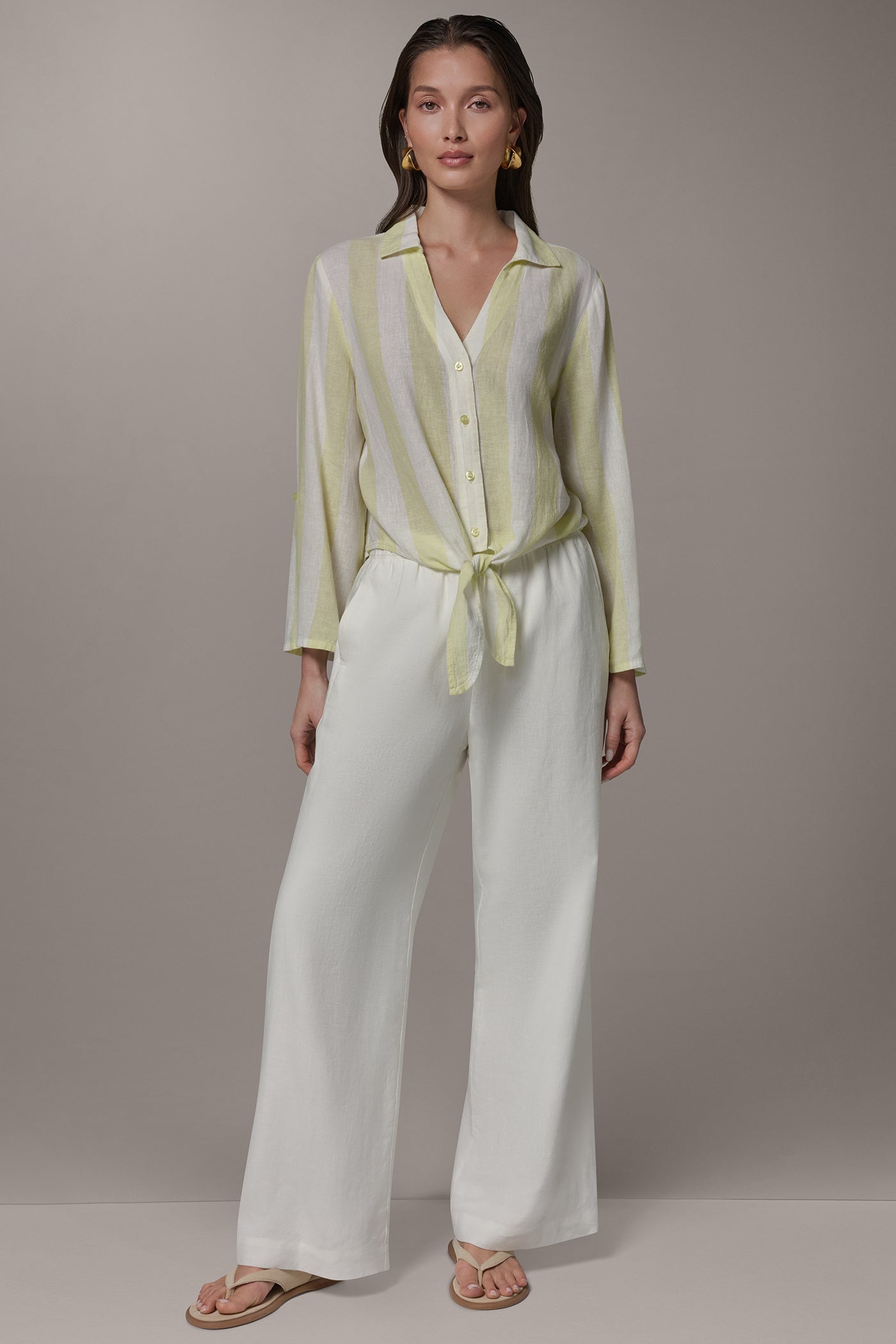 Limoncello/Cream LONG SLEEVE TIE-FRONT BLOUSE Donna Karan