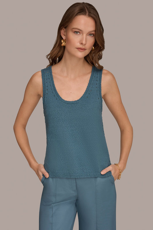 Washed Indigo SLEEVELESS POINTELLE STITCH TANK Donna Karan