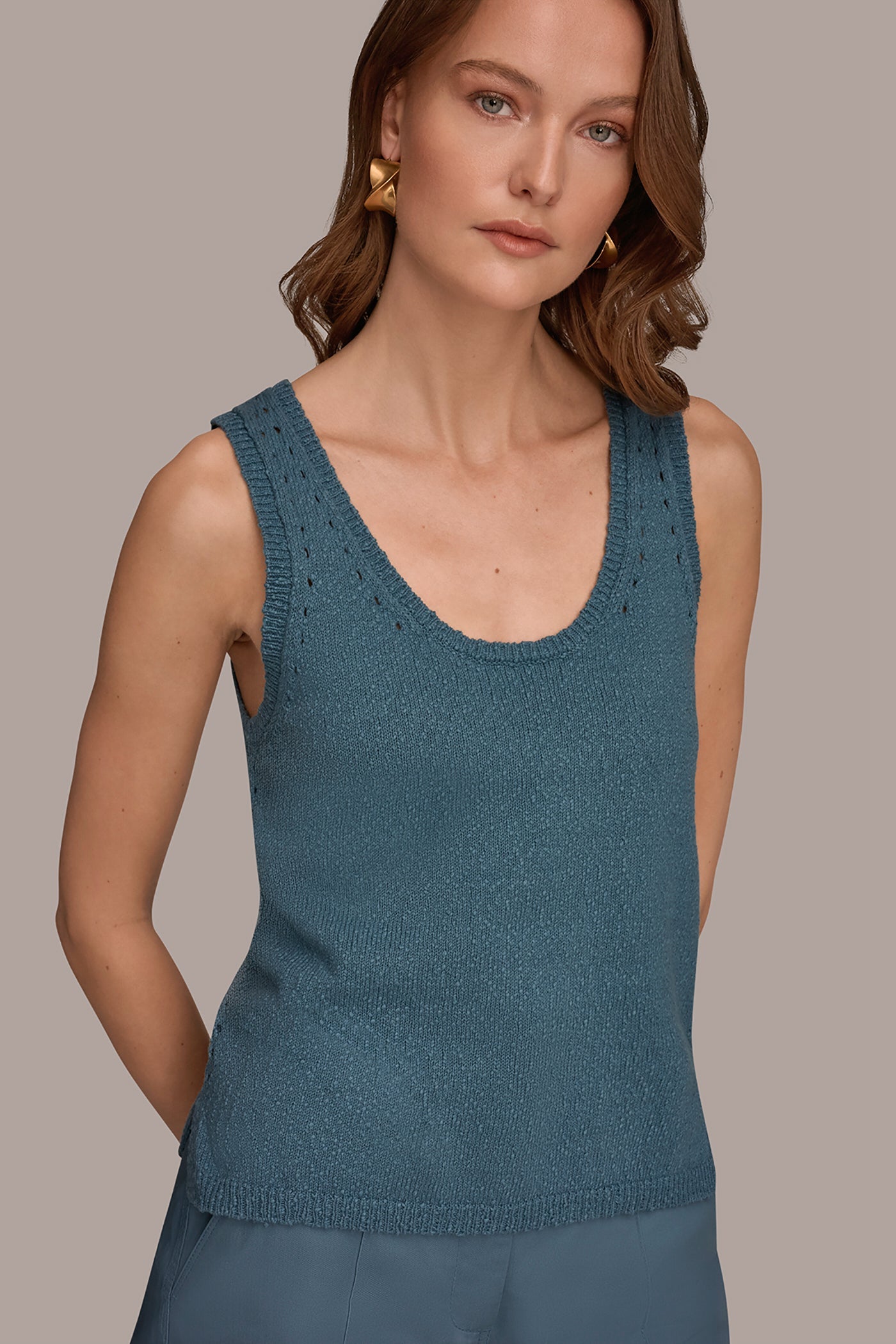 Washed Indigo SLEEVELESS POINTELLE STITCH TANK Donna Karan