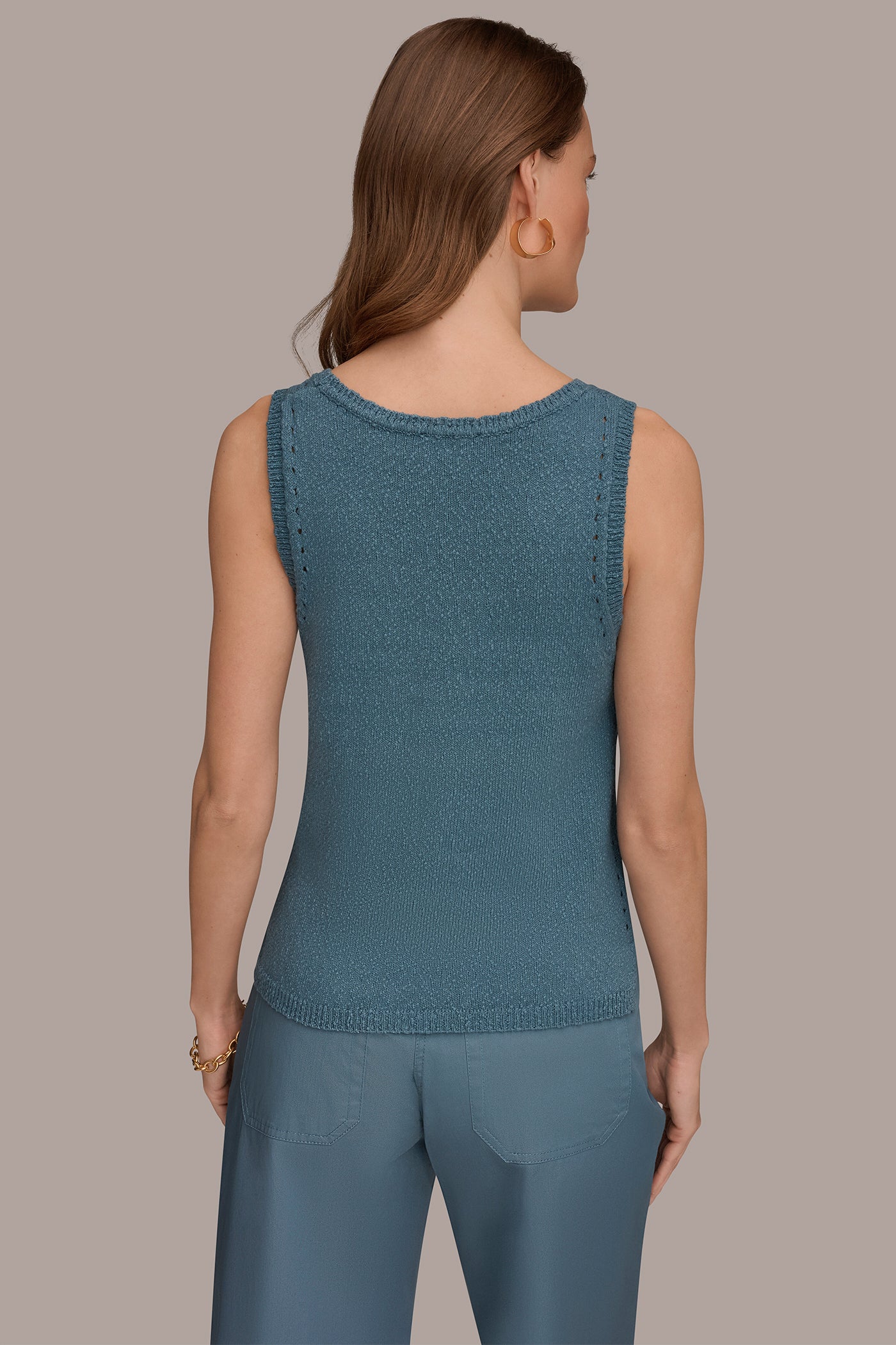 Washed Indigo SLEEVELESS POINTELLE STITCH TANK Donna Karan