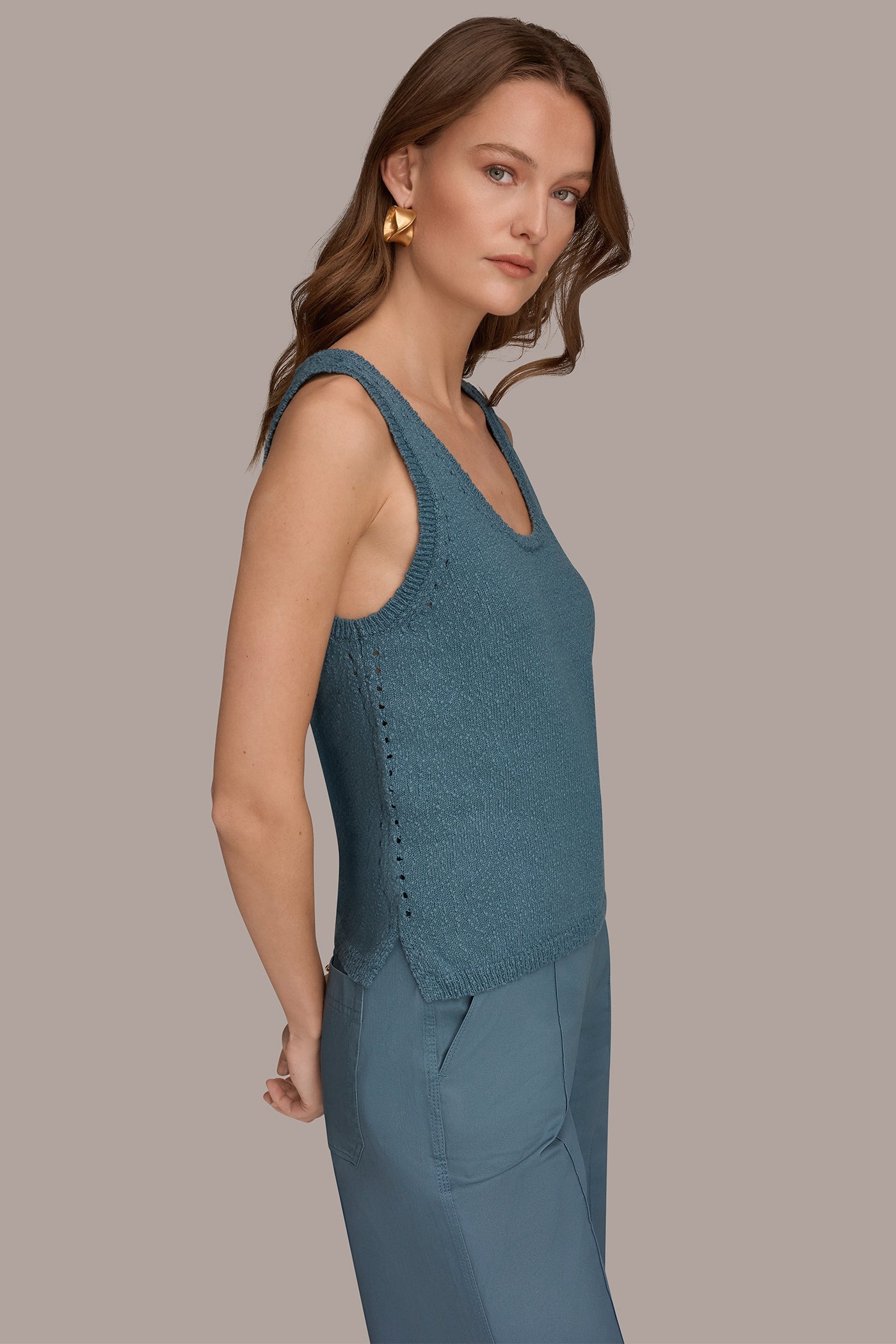Washed Indigo SLEEVELESS POINTELLE STITCH TANK Donna Karan
