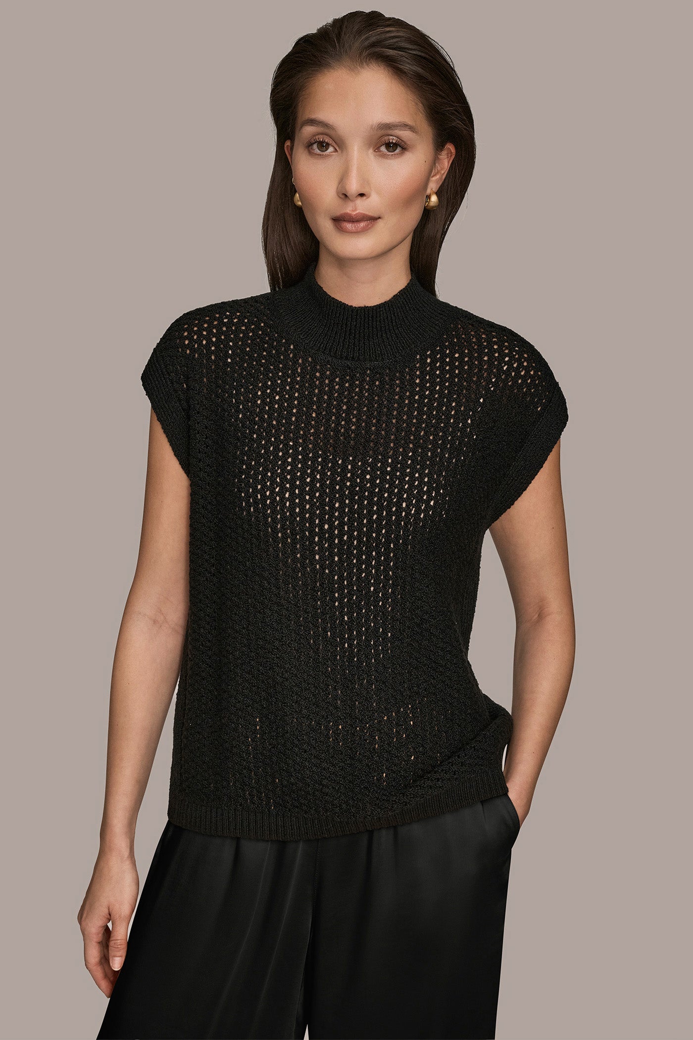 Black SLEEVELESS MOCK-NECK OPEN STITCH SWEATER Donna Karan