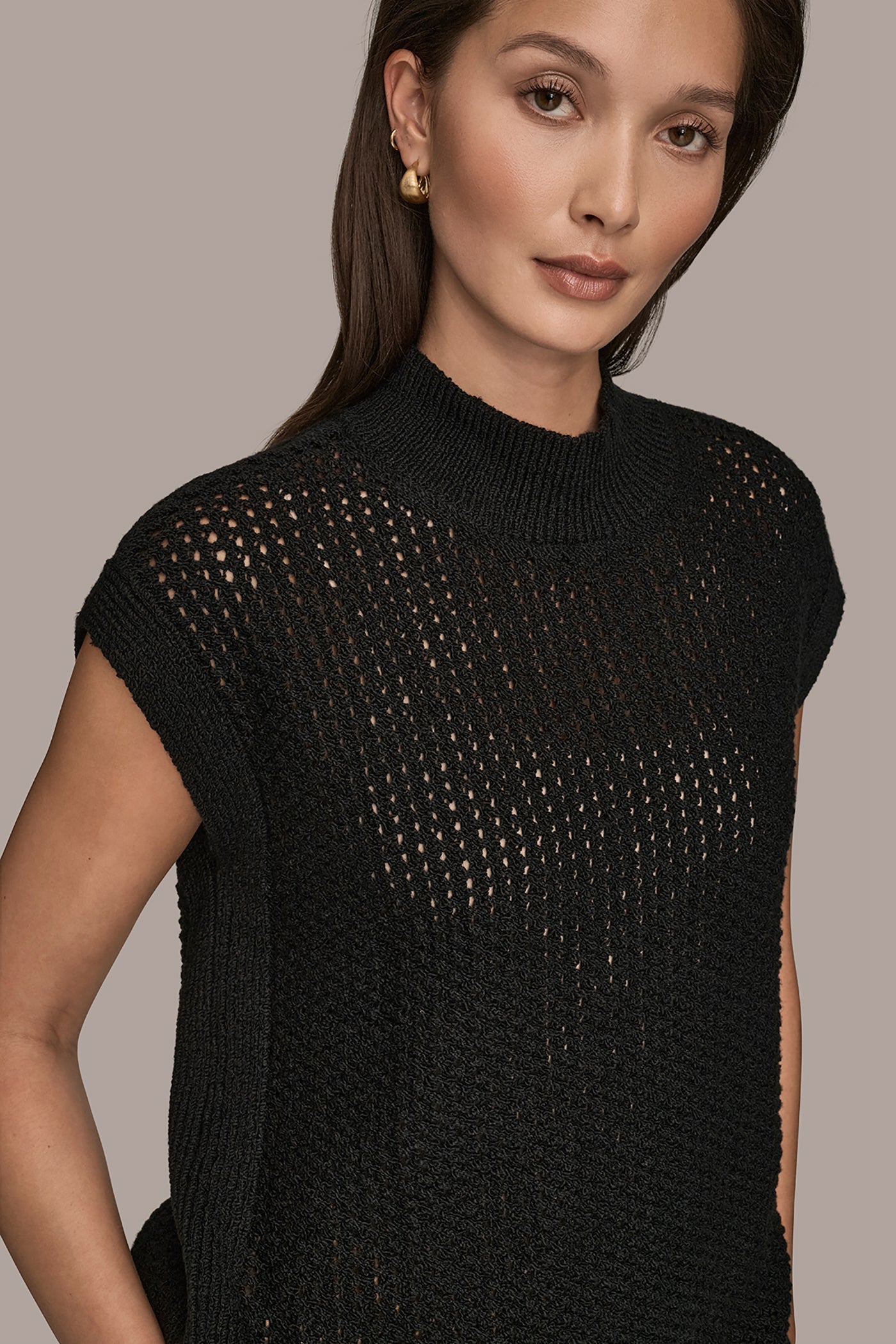 Black SLEEVELESS MOCK-NECK OPEN STITCH SWEATER Donna Karan