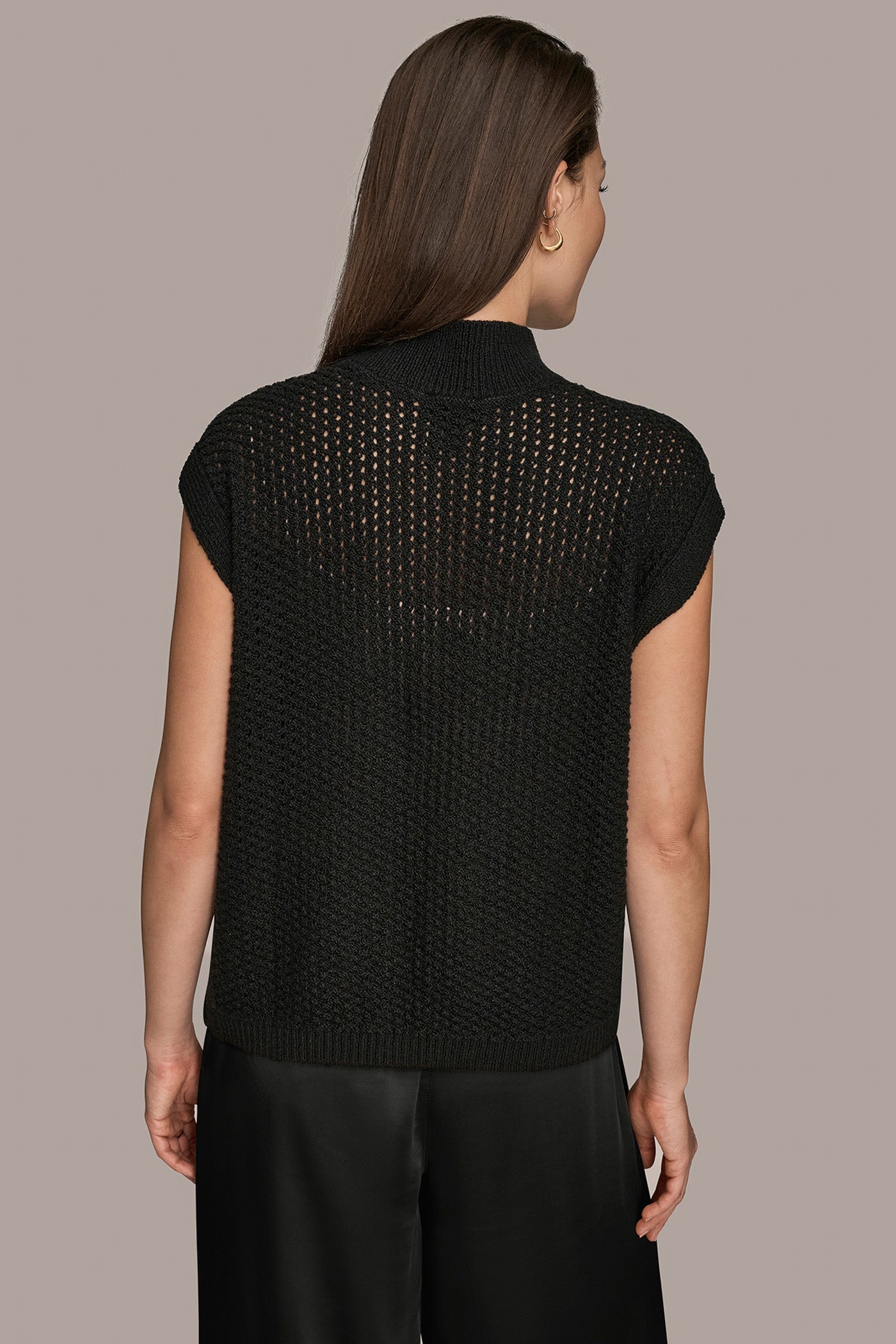 Black SLEEVELESS MOCK-NECK OPEN STITCH SWEATER Donna Karan