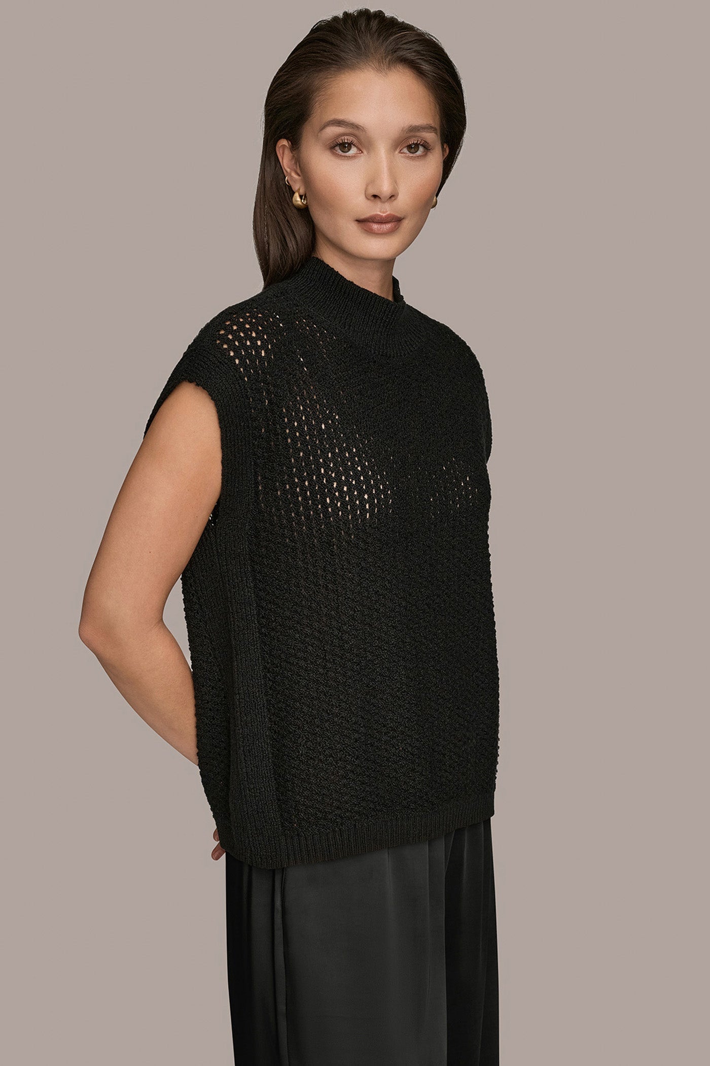 Black SLEEVELESS MOCK-NECK OPEN STITCH SWEATER Donna Karan