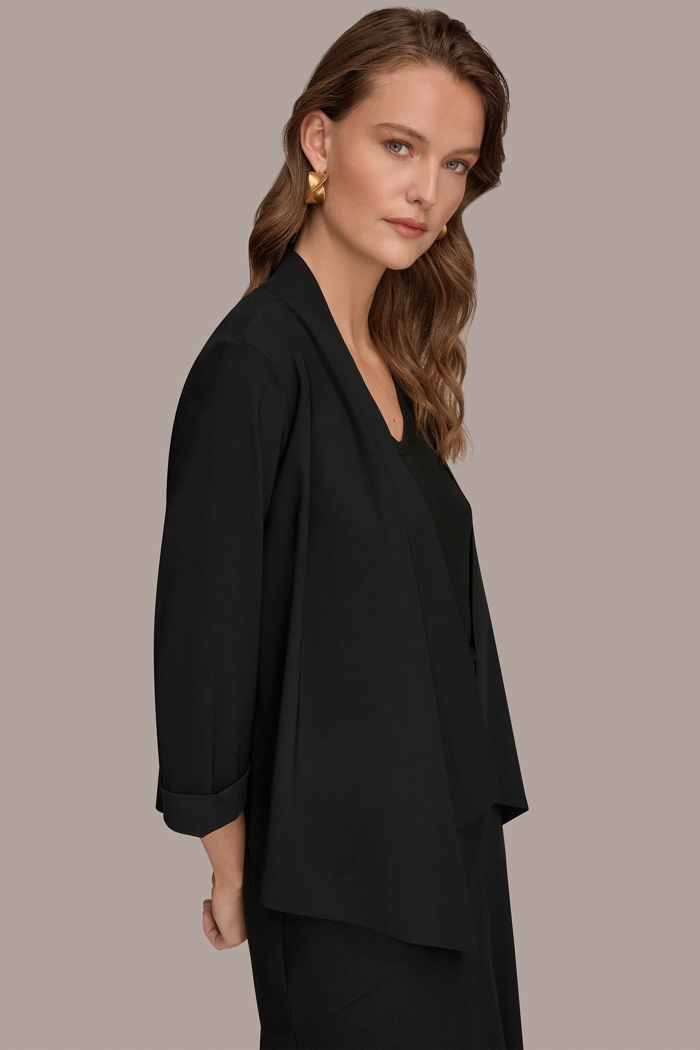 Black THE MODERN TRAVEL 3/4 SLEEVE SHAWL CARDIGAN JACKET Donna Karan