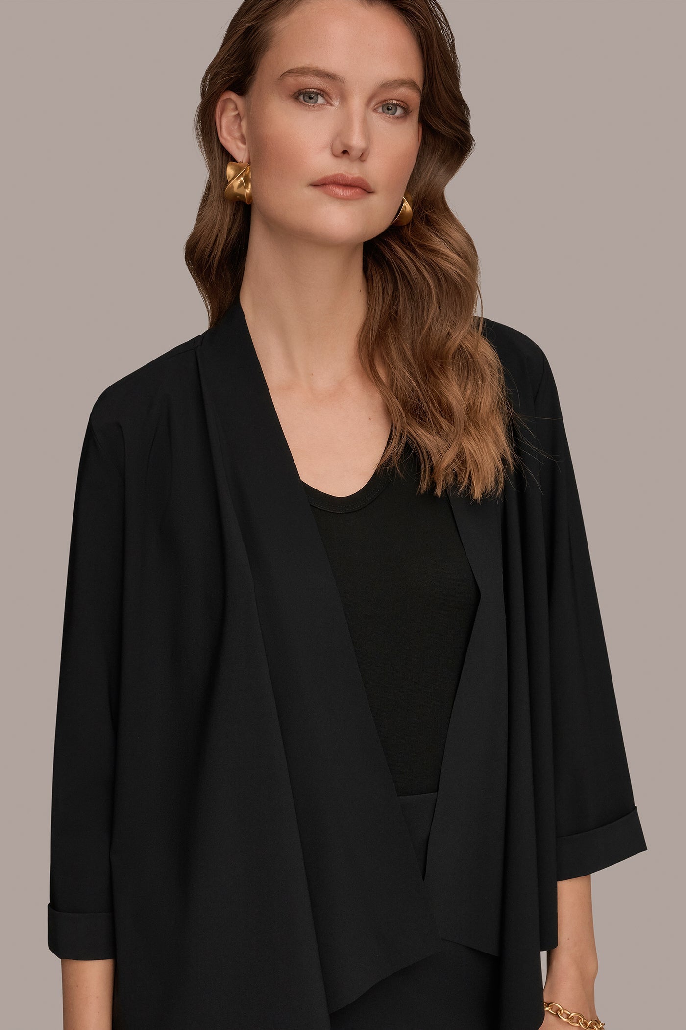 Black THE MODERN TRAVEL 3/4 SLEEVE SHAWL CARDIGAN JACKET Donna Karan