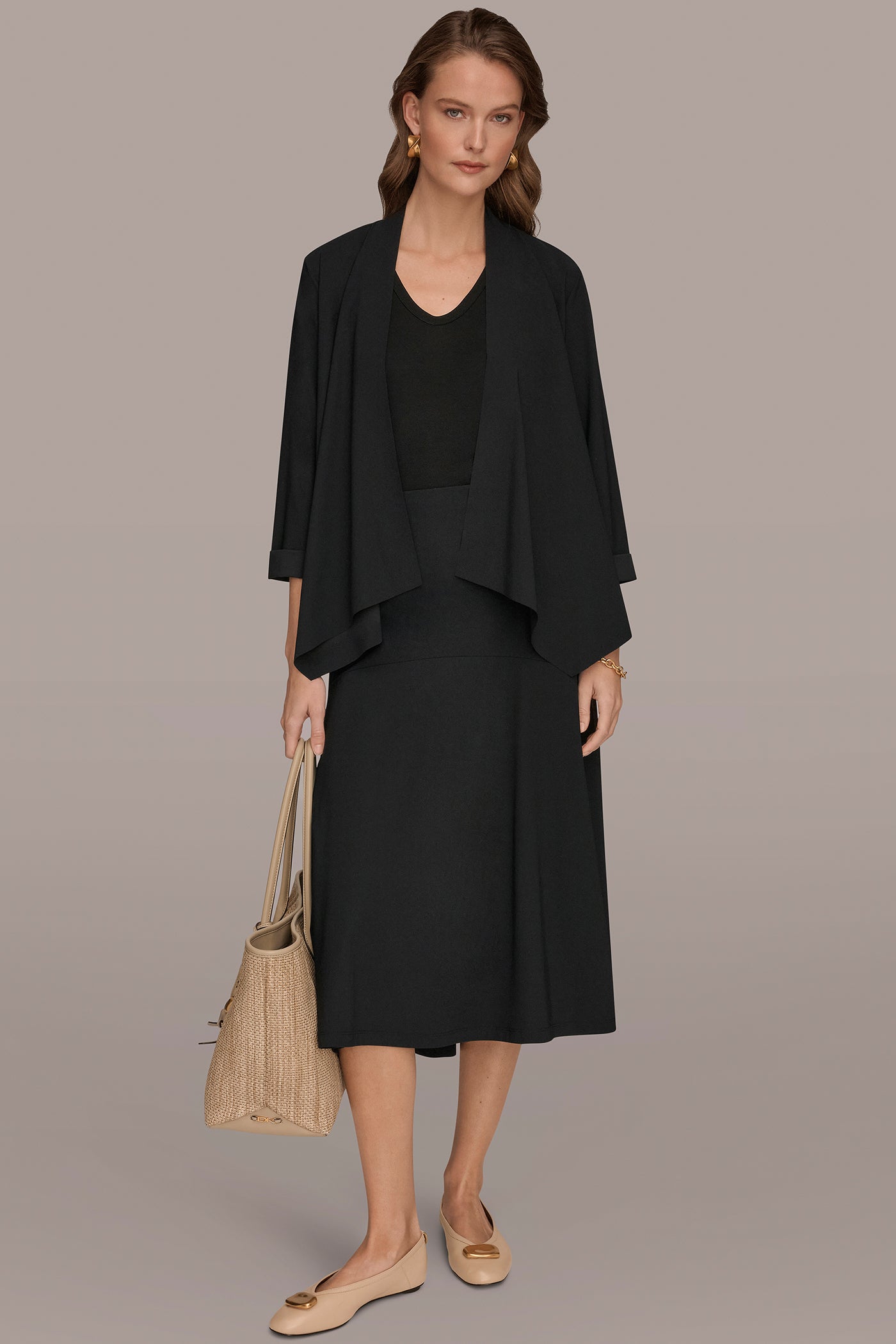 Black THE MODERN TRAVEL 3/4 SLEEVE SHAWL CARDIGAN JACKET Donna Karan