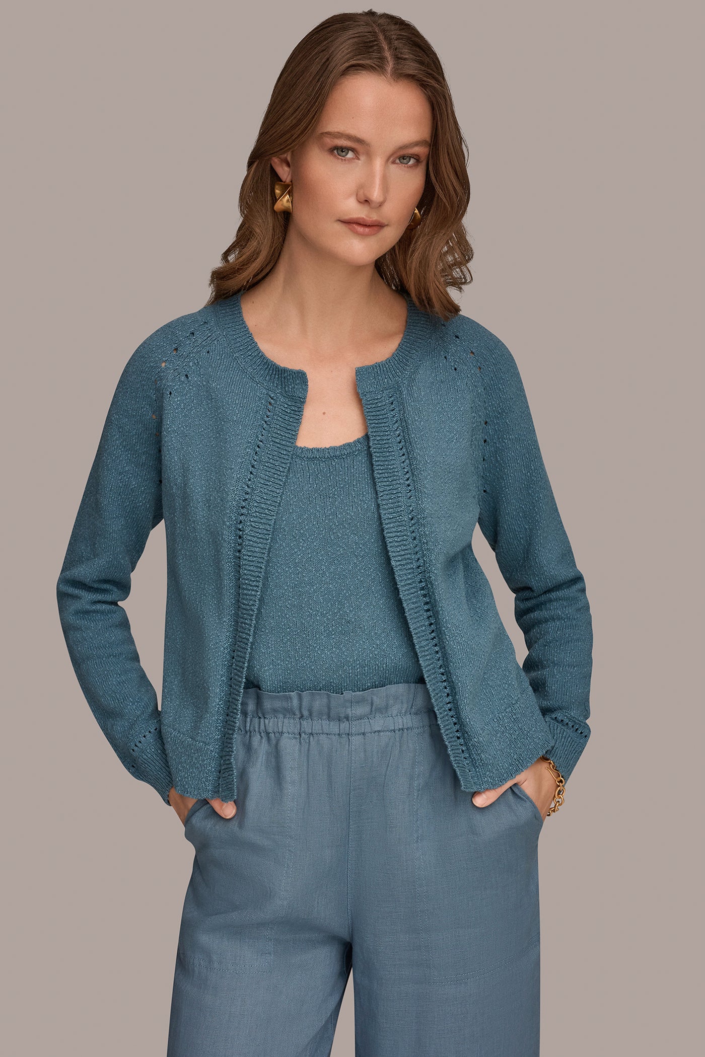 Washed Indigo POINTELLE TRIM CARDIGAN Donna Karan