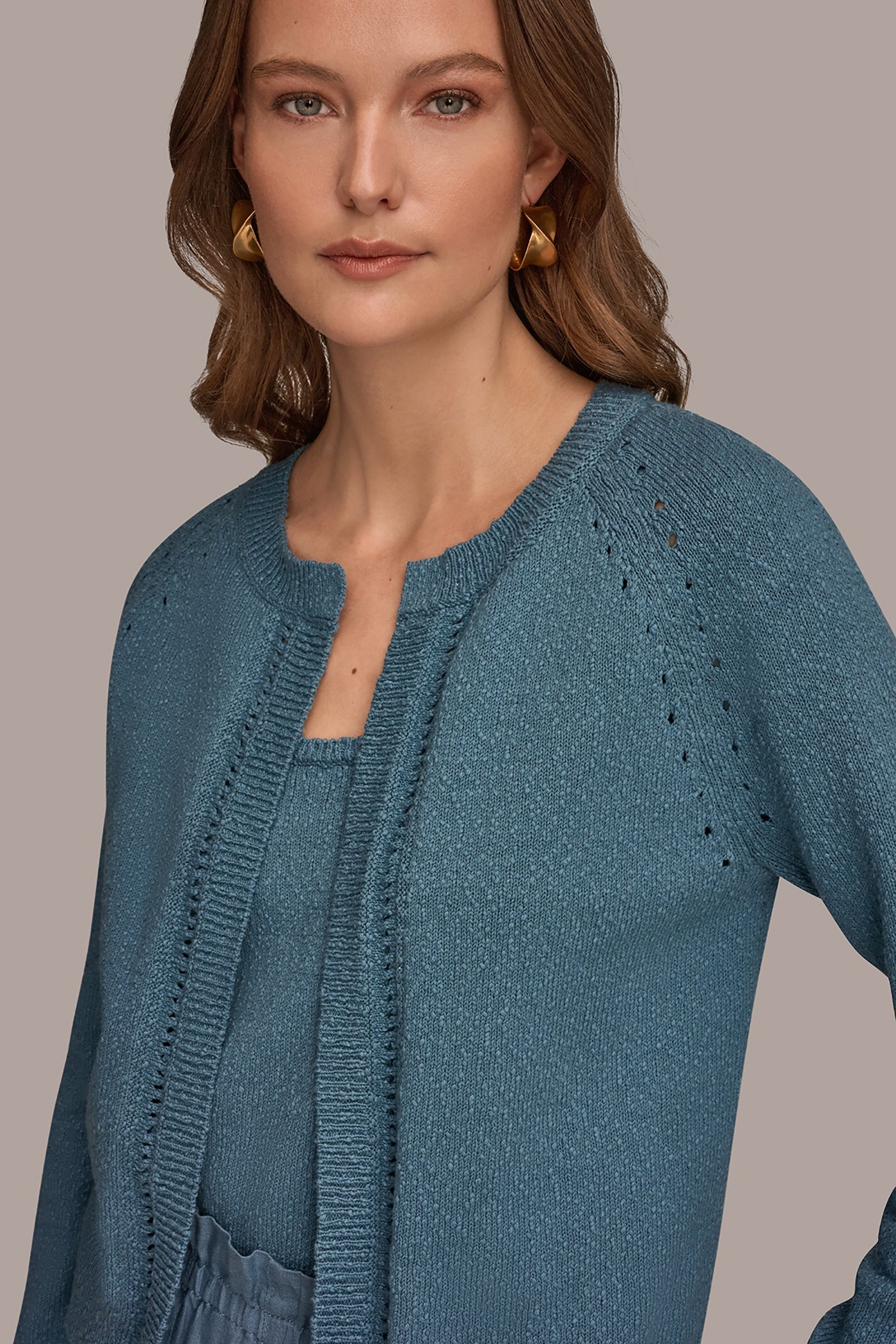 Washed Indigo POINTELLE TRIM CARDIGAN Donna Karan
