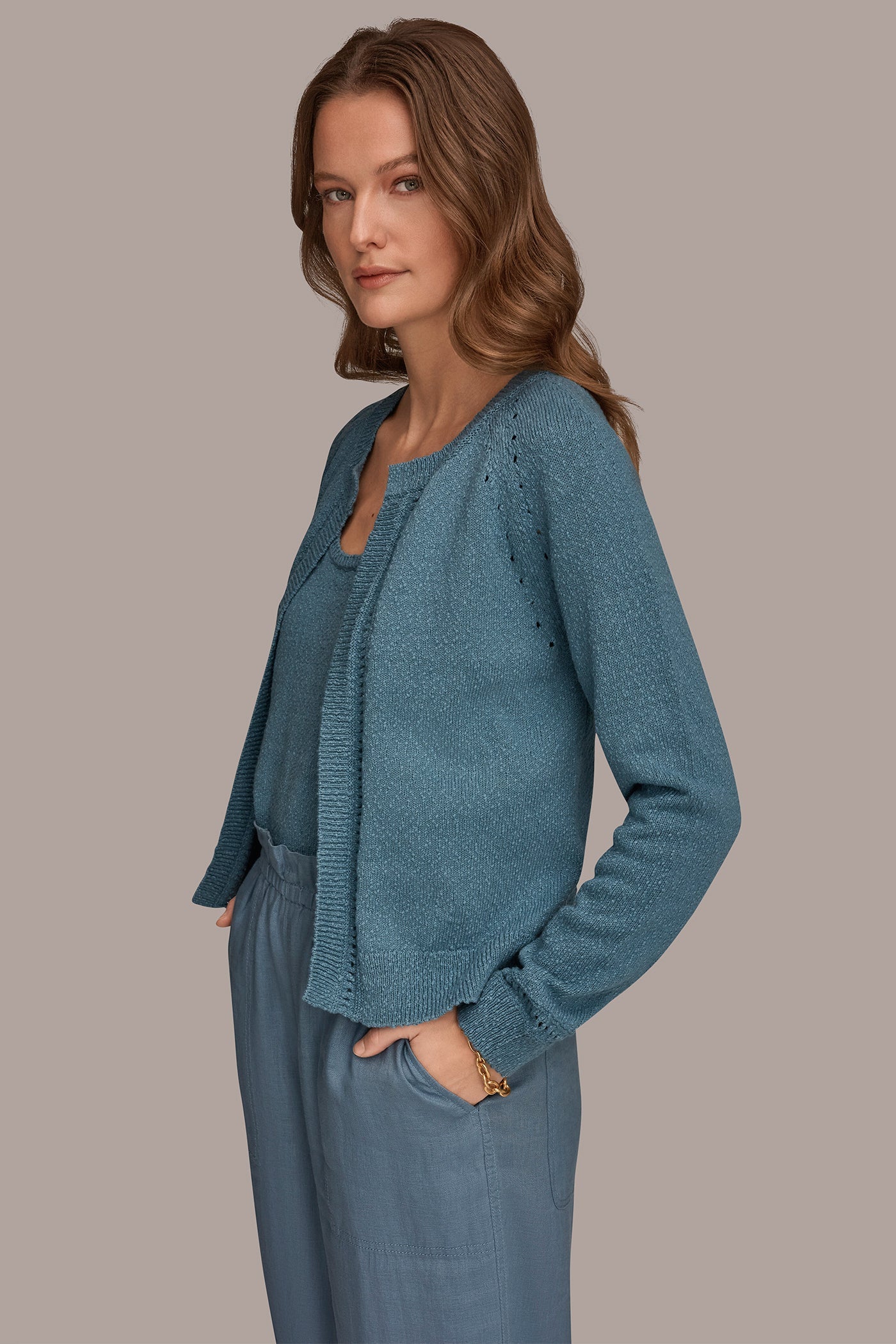 Washed Indigo POINTELLE TRIM CARDIGAN Donna Karan