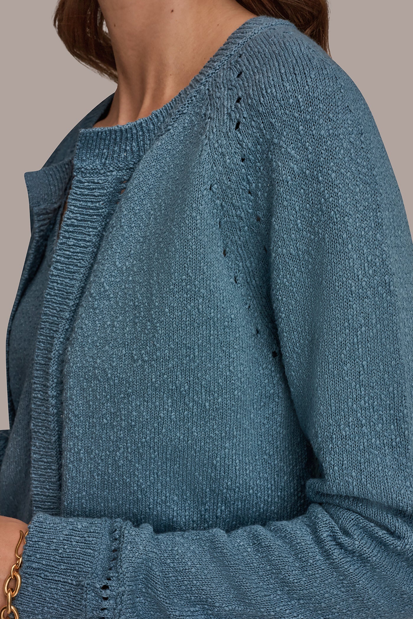 Washed Indigo POINTELLE TRIM CARDIGAN Donna Karan