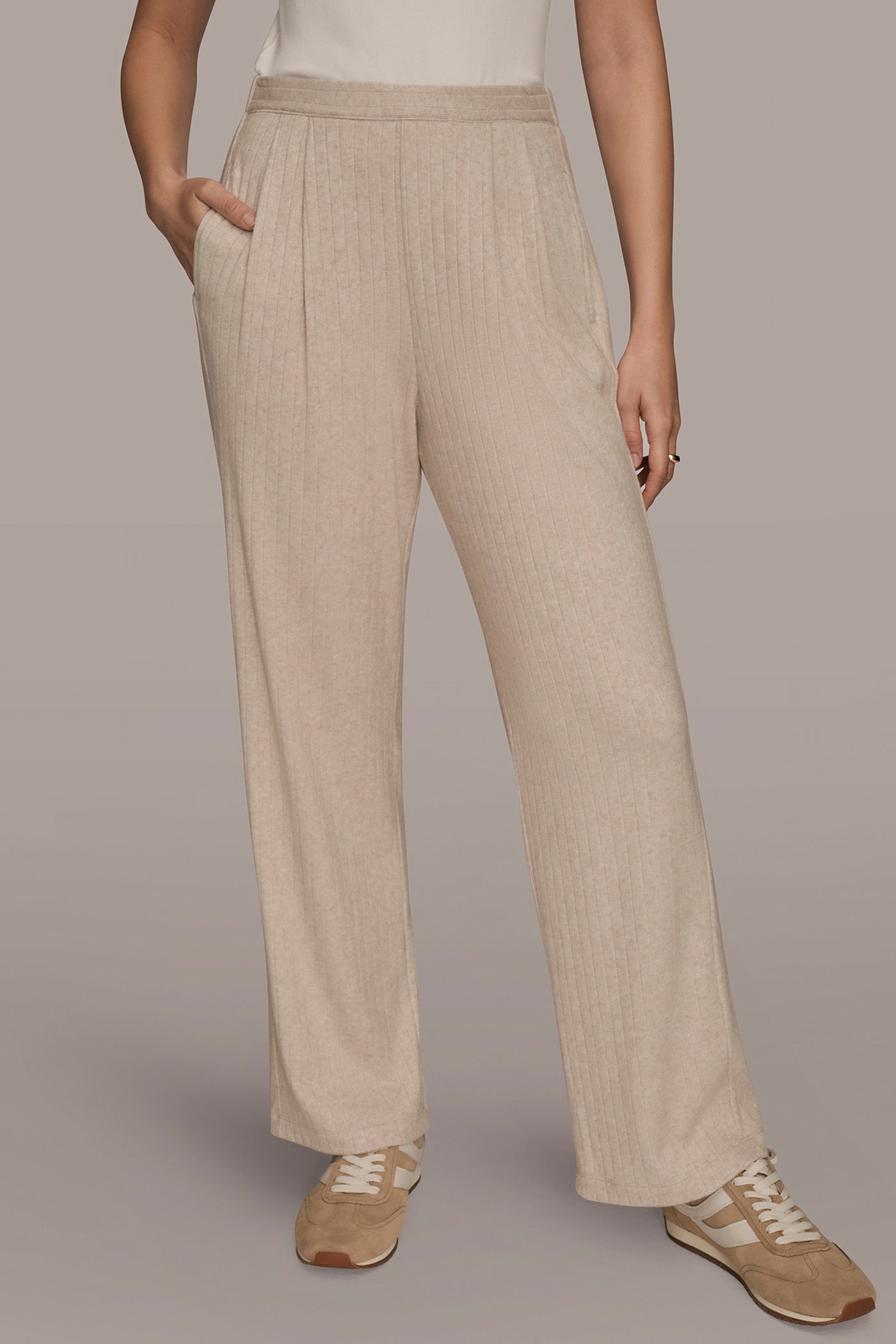 LIGHT FAWN HEATHER HIGH-RISE PLEATED PANT Donna Karan
