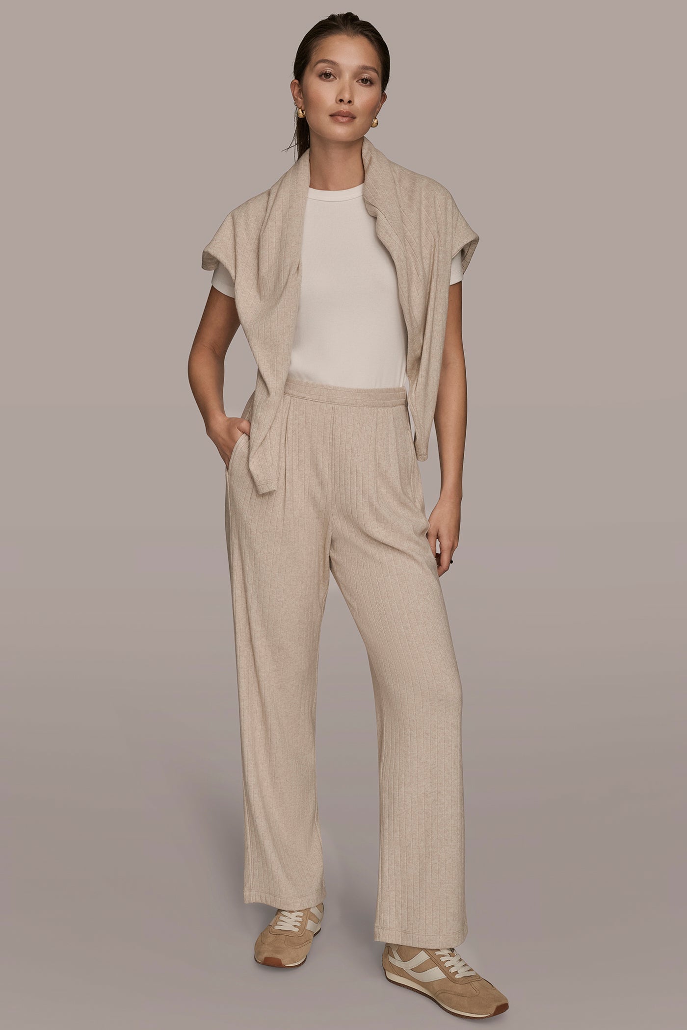 LIGHT FAWN HEATHER HIGH-RISE PLEATED PANT Donna Karan