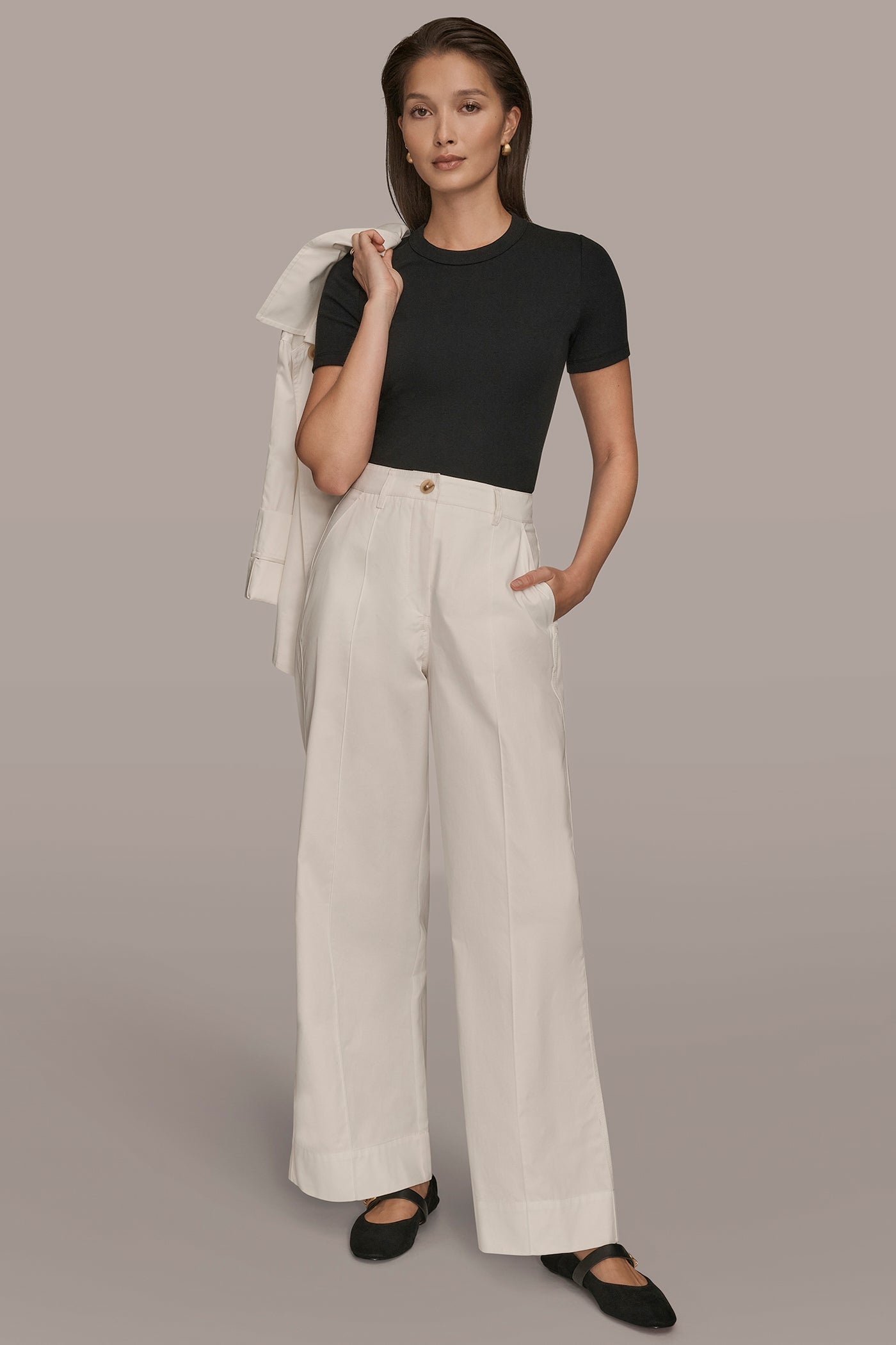 CREAM HIGH-RISE PINTUCKED WIDE-LEG TROUSER Donna Karan