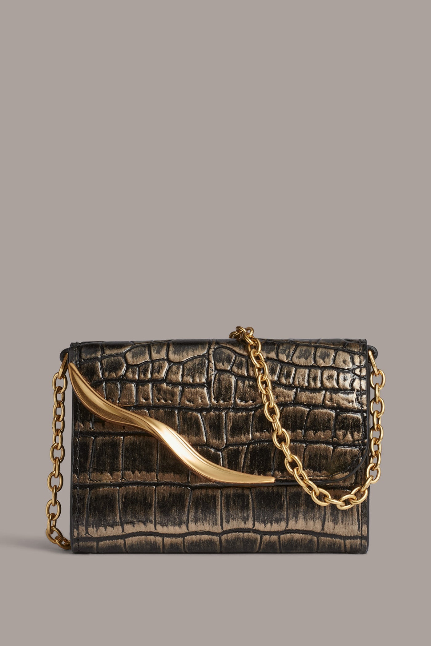 BLACK/GOLD MALVERNE METALLIC CROC-EFFECT MINI CROSSBODY BAG Donna Karan