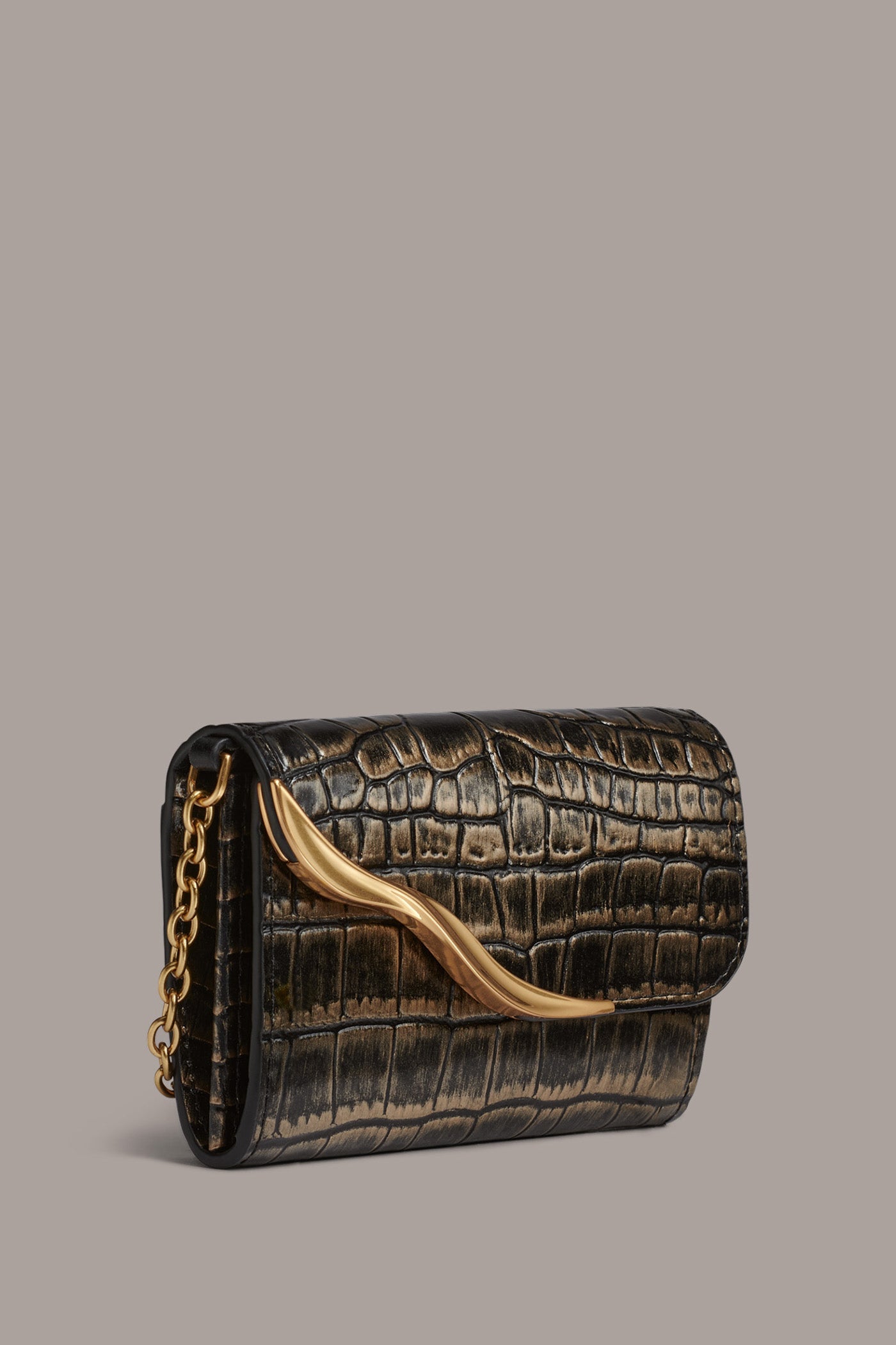 BLACK/GOLD MALVERNE METALLIC CROC-EFFECT MINI CROSSBODY BAG Donna Karan