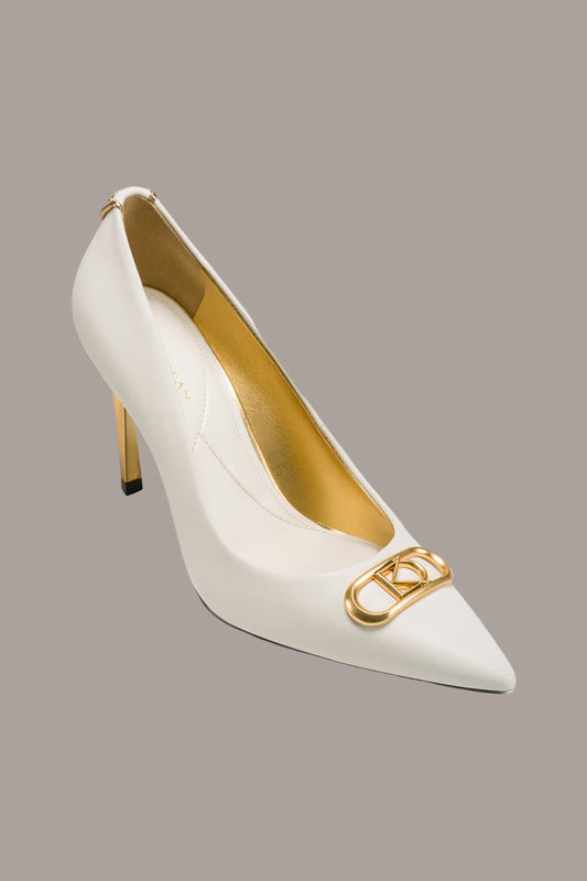 IVORY PANTHIA LOGO-EMBELLISHED HIGH PUMP Donna Karan