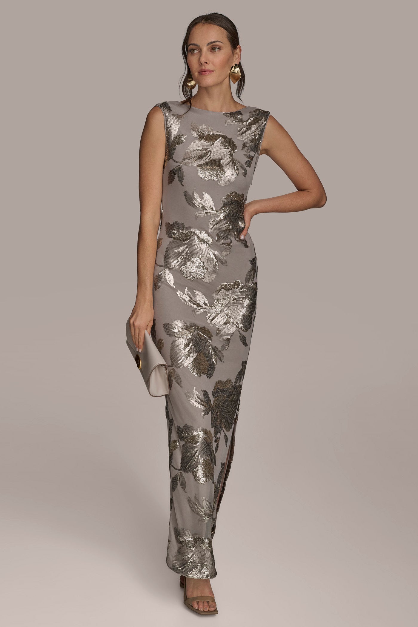 DARK CLAY SLEEVELESS FLORAL SEQUIN COWL-BACK GOWN Donna Karan
