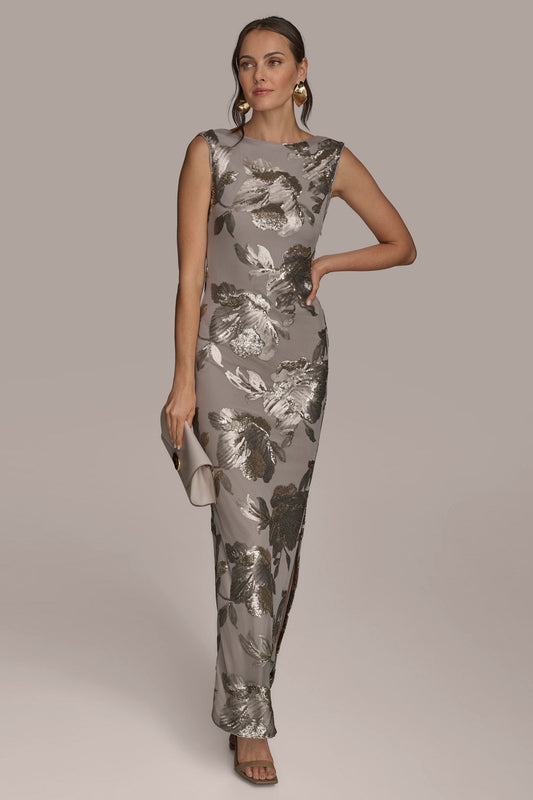 DARK CLAY SLEEVELESS FLORAL SEQUIN COWL-BACK GOWN Donna Karan