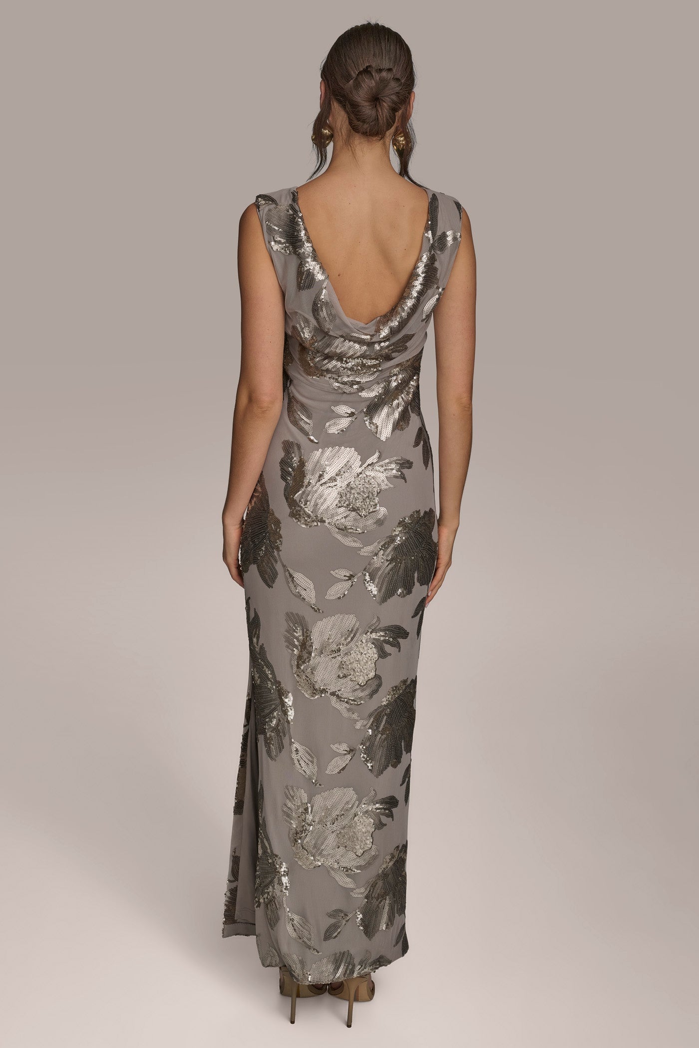 DARK CLAY SLEEVELESS FLORAL SEQUIN COWL-BACK GOWN Donna Karan