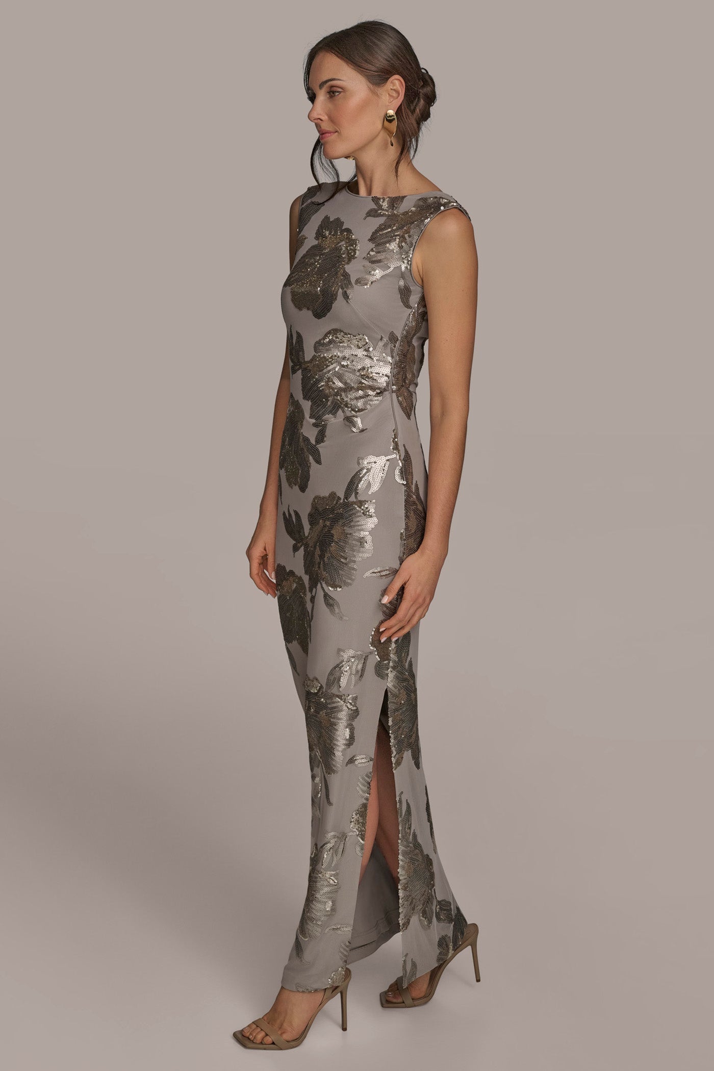 DARK CLAY SLEEVELESS FLORAL SEQUIN COWL-BACK GOWN Donna Karan