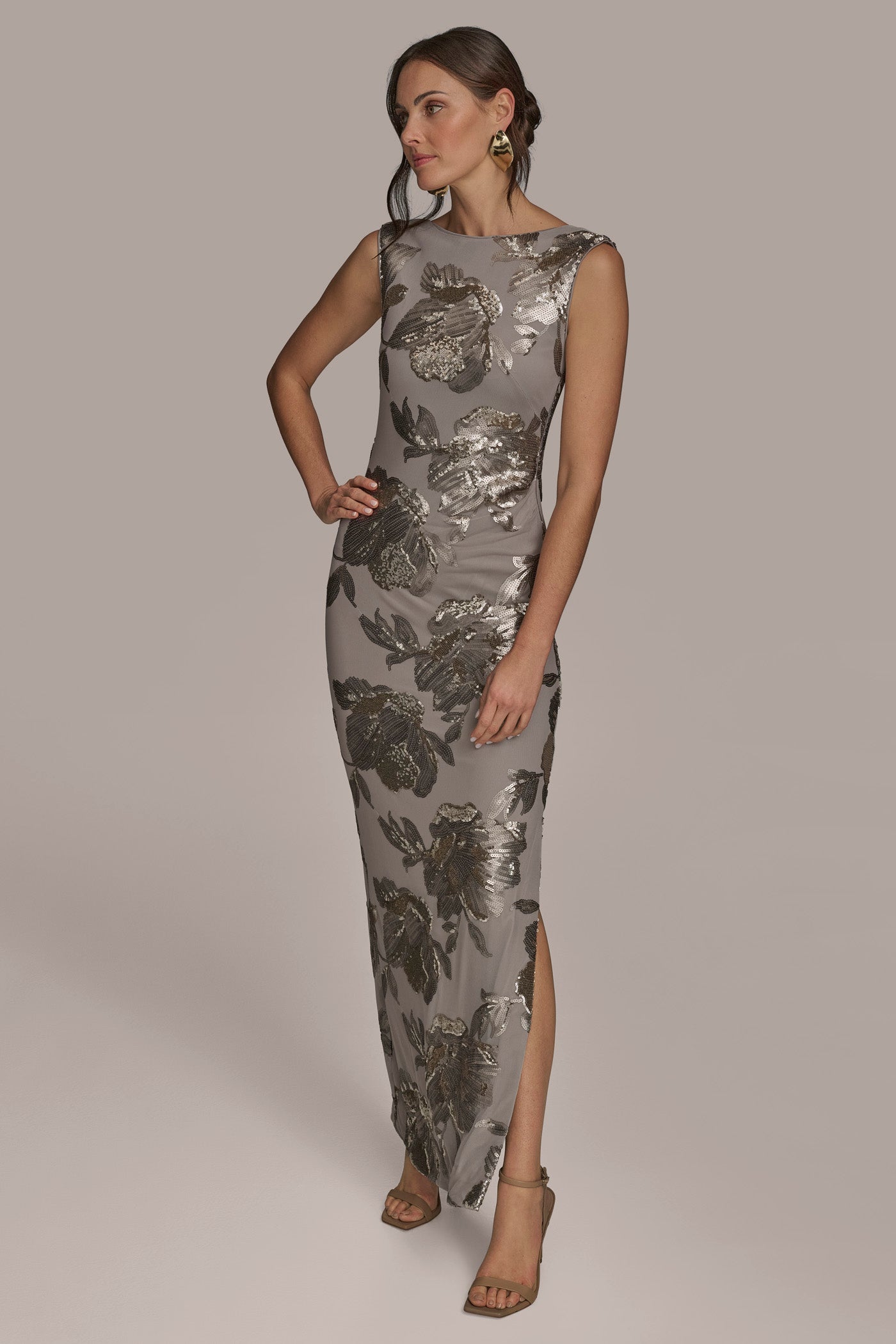 DARK CLAY SLEEVELESS FLORAL SEQUIN COWL-BACK GOWN Donna Karan