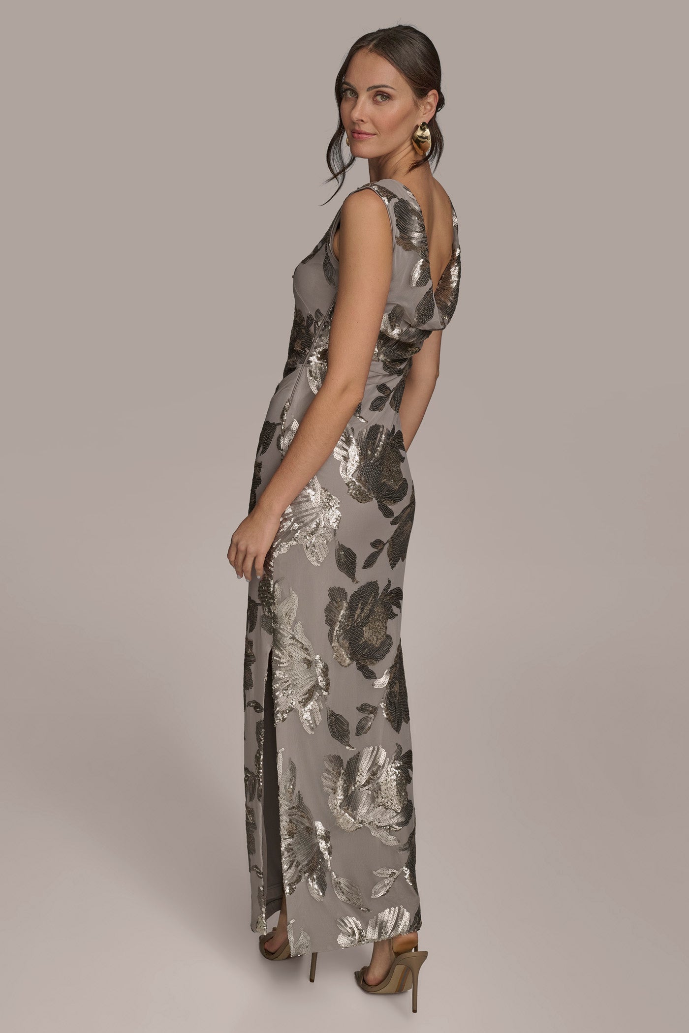 DARK CLAY SLEEVELESS FLORAL SEQUIN COWL-BACK GOWN Donna Karan