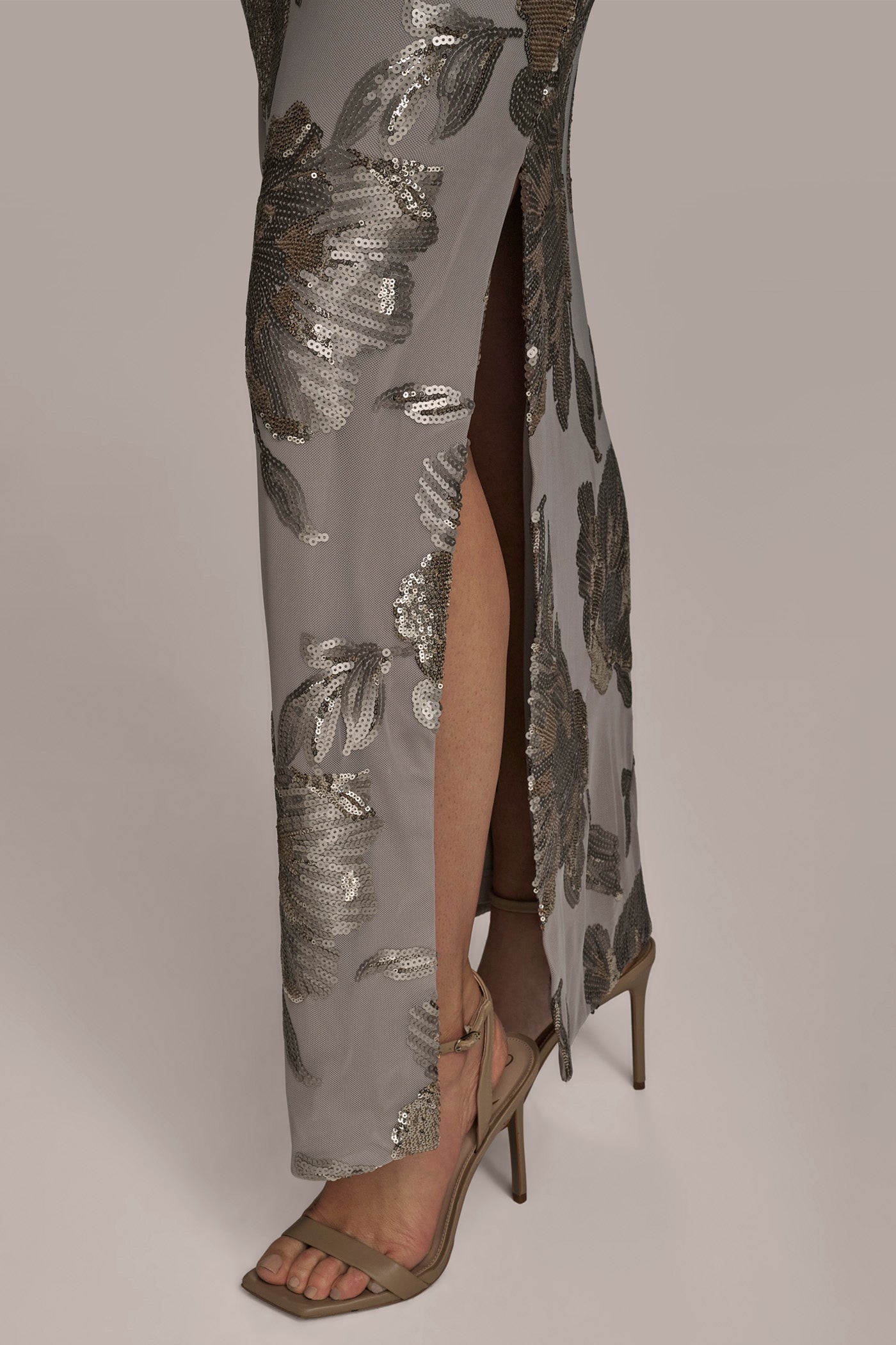 DARK CLAY SLEEVELESS FLORAL SEQUIN COWL-BACK GOWN Donna Karan