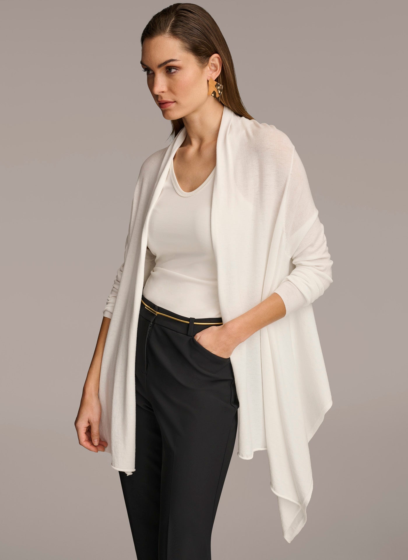 Cream LONG SLEEVE DRAPE CARDIGAN Donna Karan