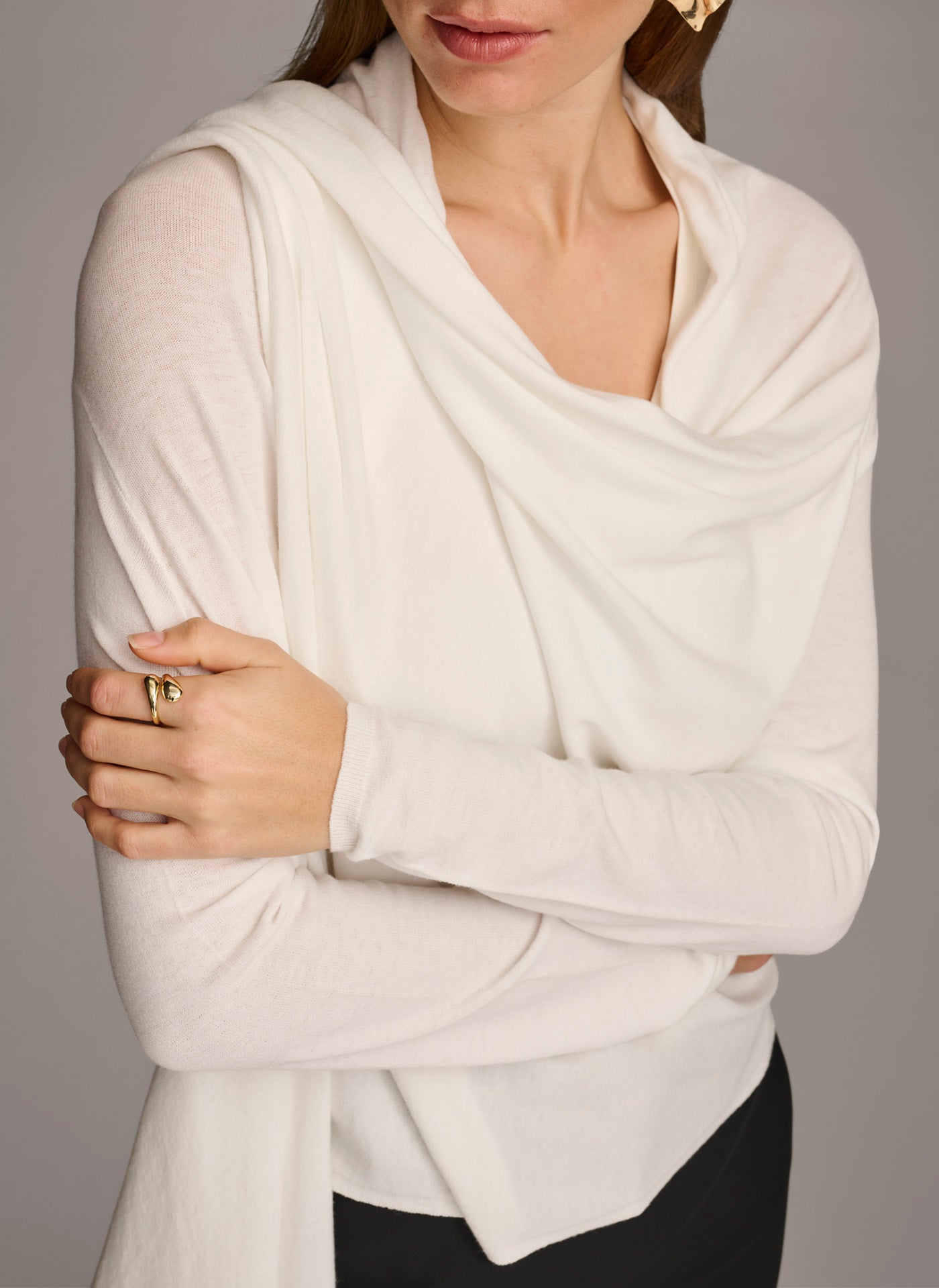 Cream LONG SLEEVE DRAPE CARDIGAN Donna Karan