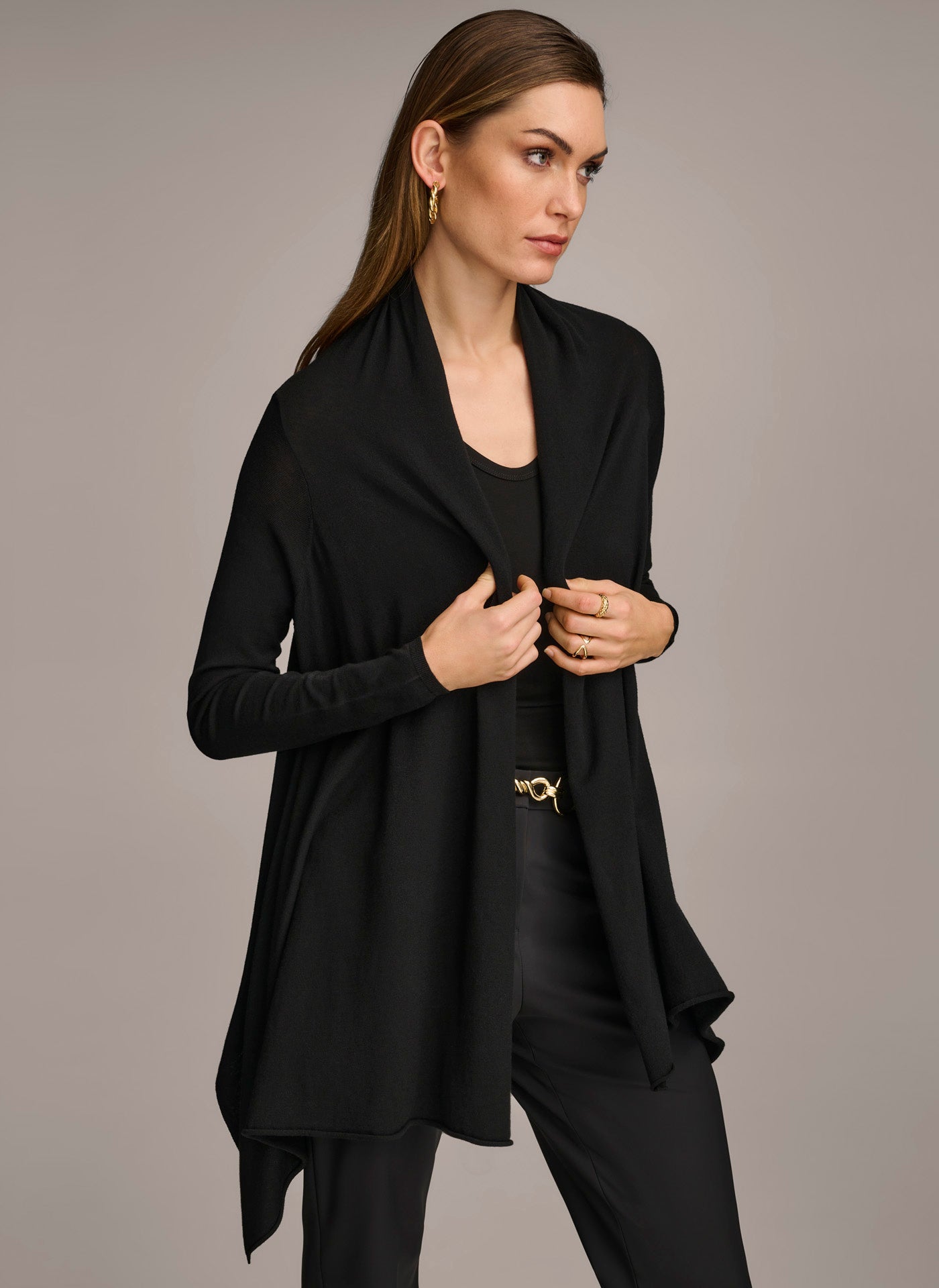 Black LONG SLEEVE DRAPE CARDIGAN Donna Karan