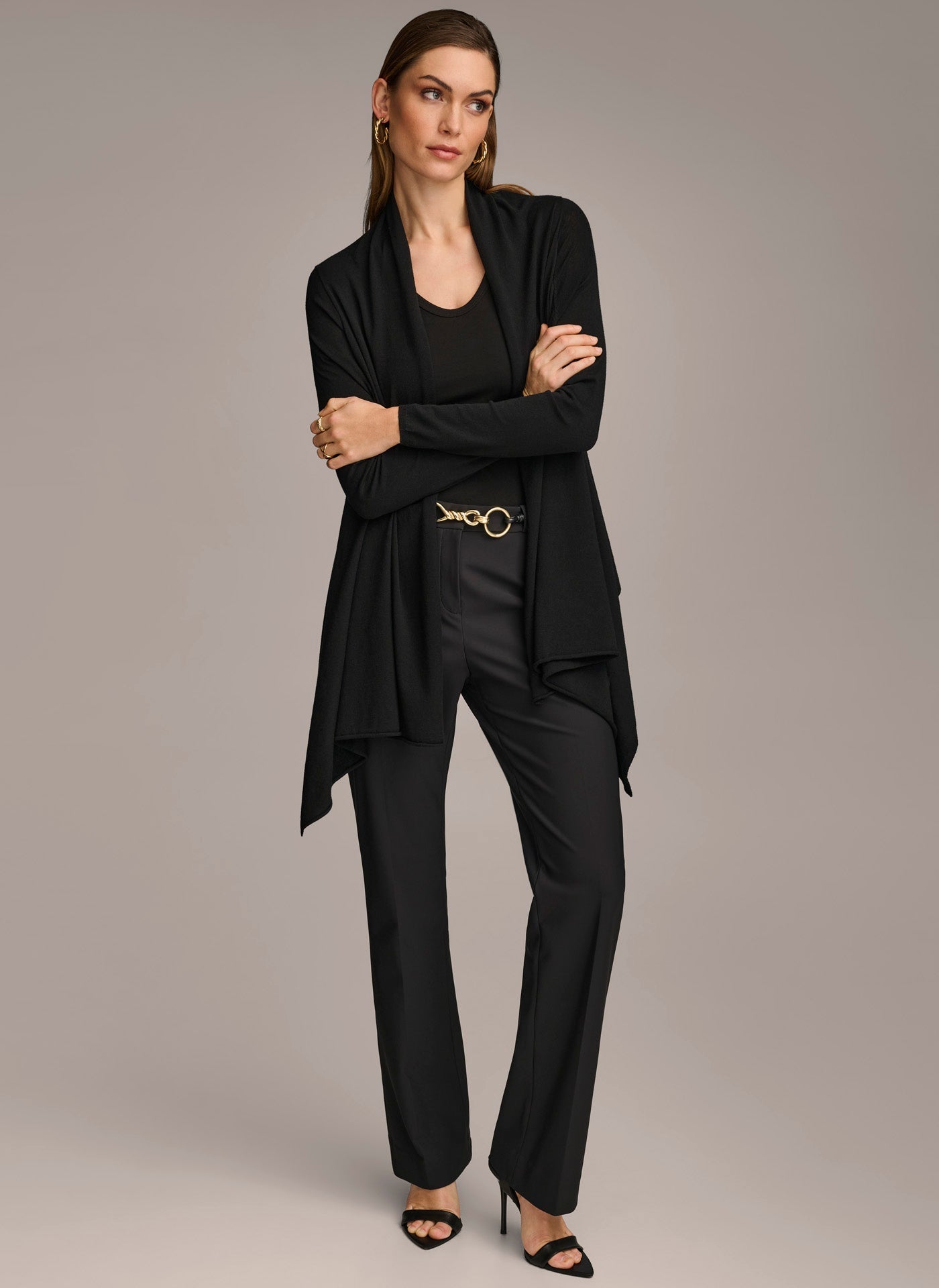 Black LONG SLEEVE DRAPE CARDIGAN Donna Karan