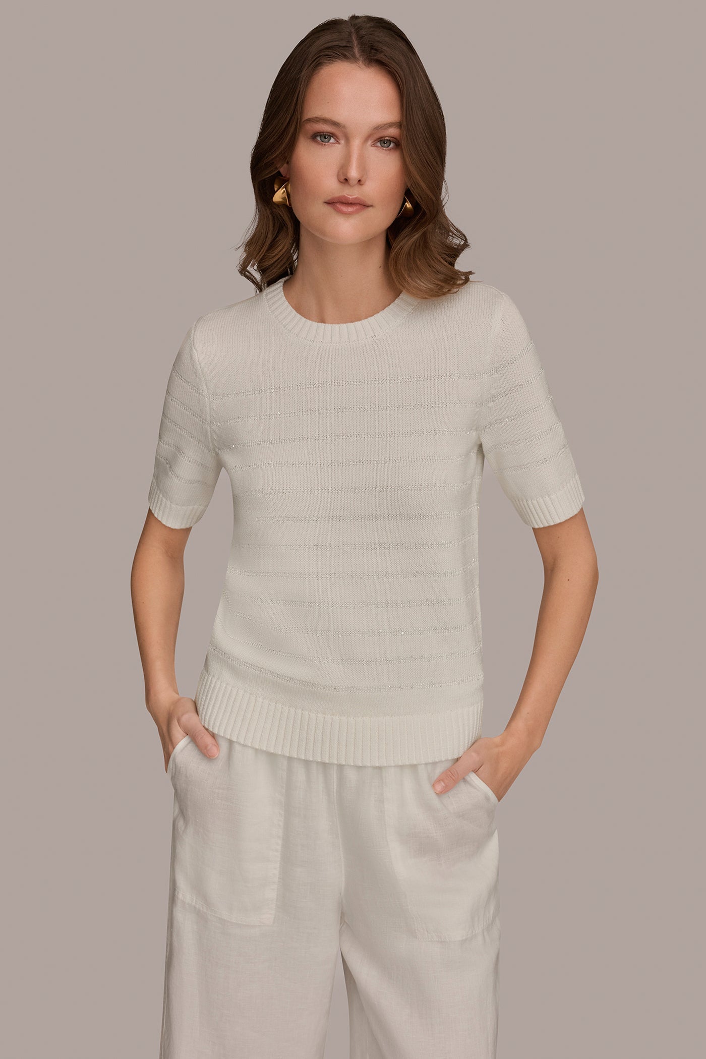 Cream SEQUIN STRIPE SWEATER Donna Karan
