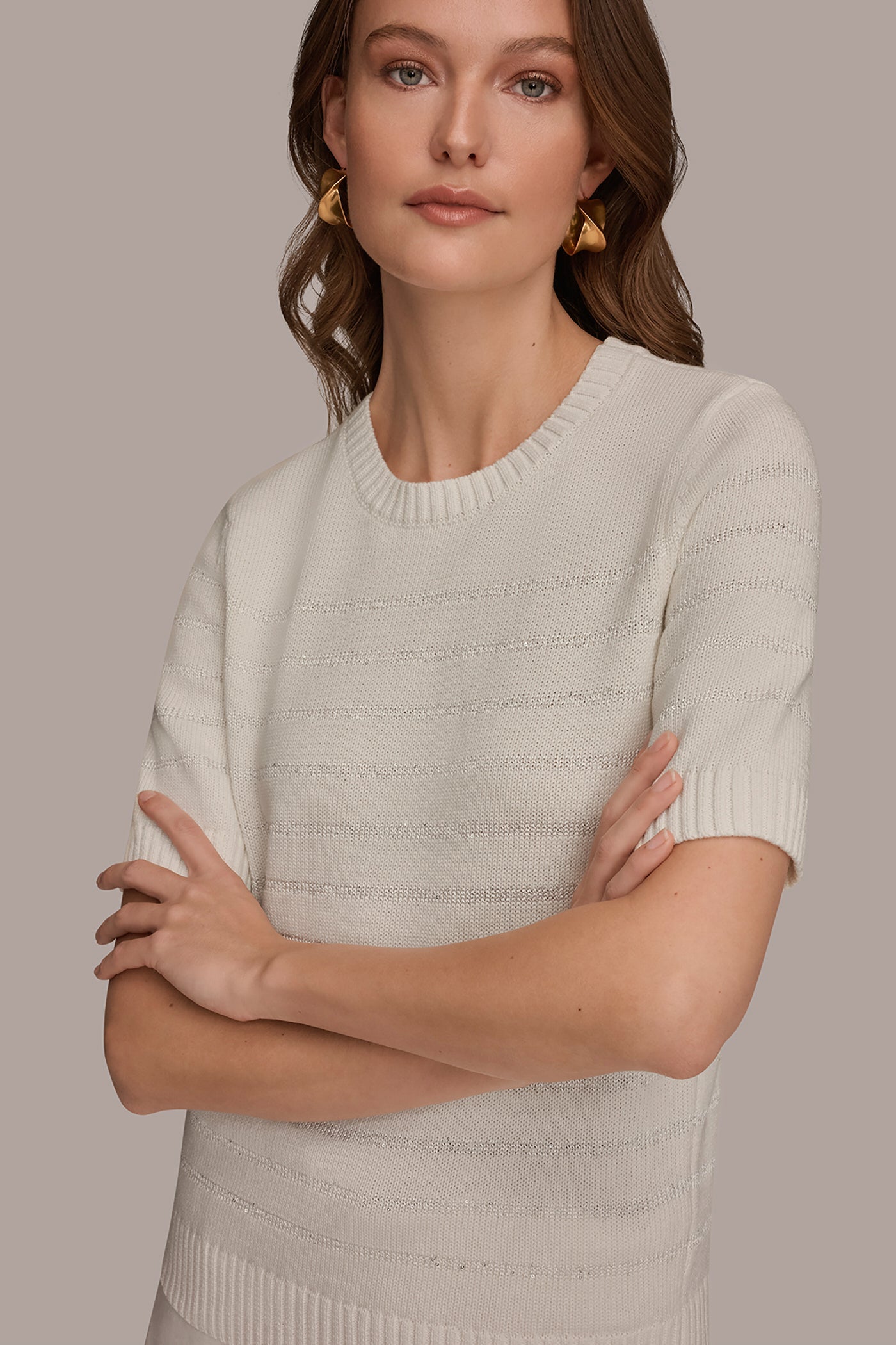 Cream SEQUIN STRIPE SWEATER Donna Karan