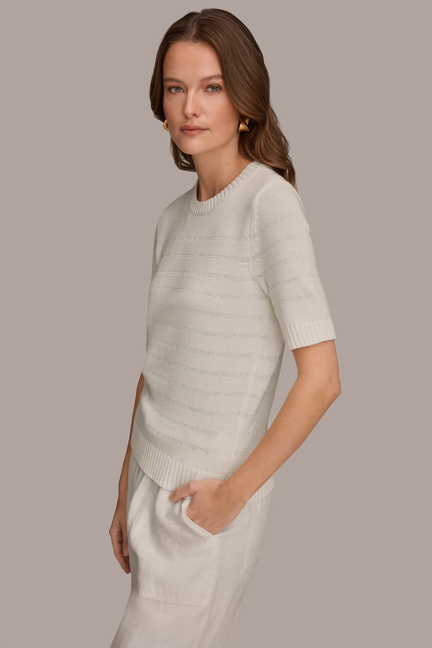 Cream SEQUIN STRIPE SWEATER Donna Karan