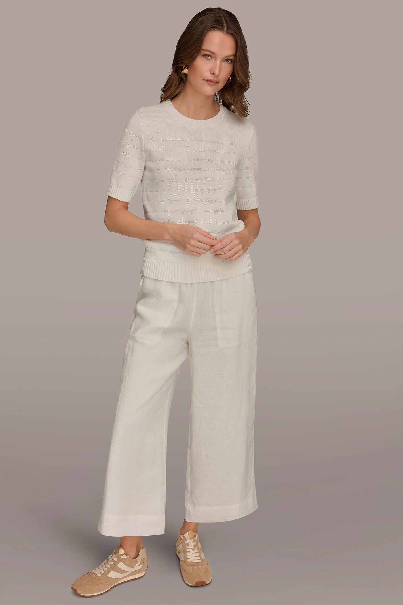 Cream SEQUIN STRIPE SWEATER Donna Karan