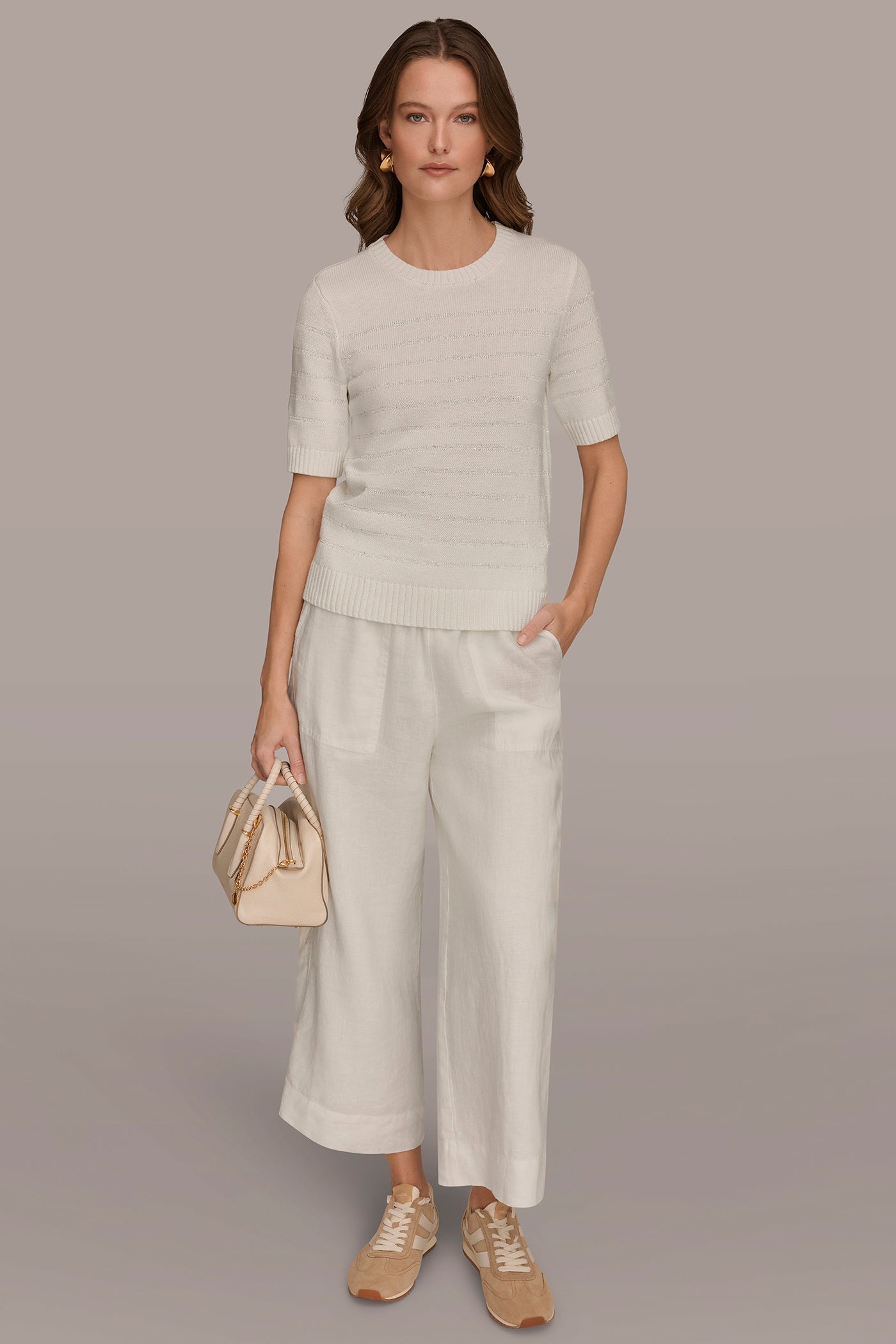 Cream SEQUIN STRIPE SWEATER Donna Karan
