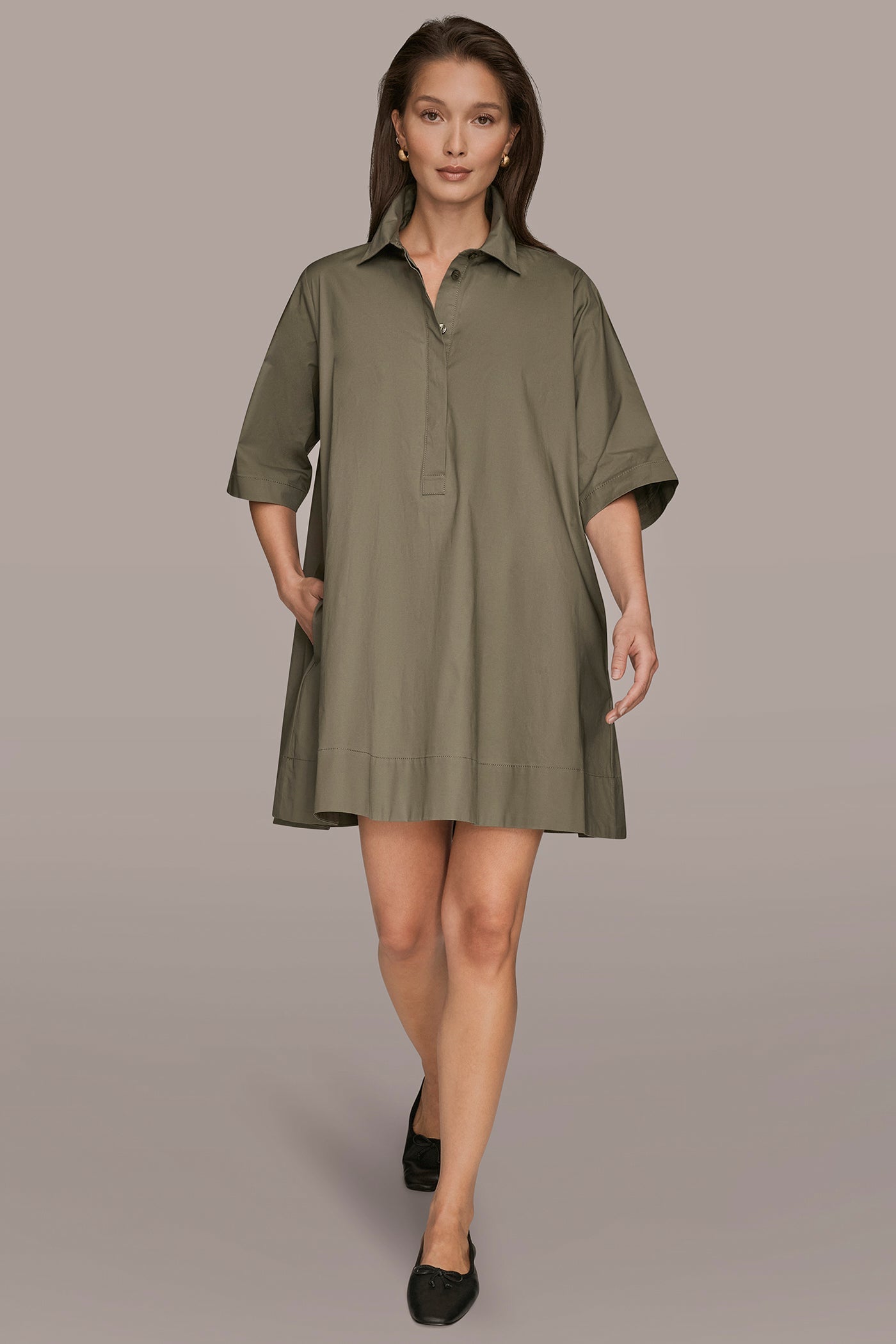 KHAKI GREEN ELBOW-SLEEVE MINI SHIRT DRESS Donna Karan