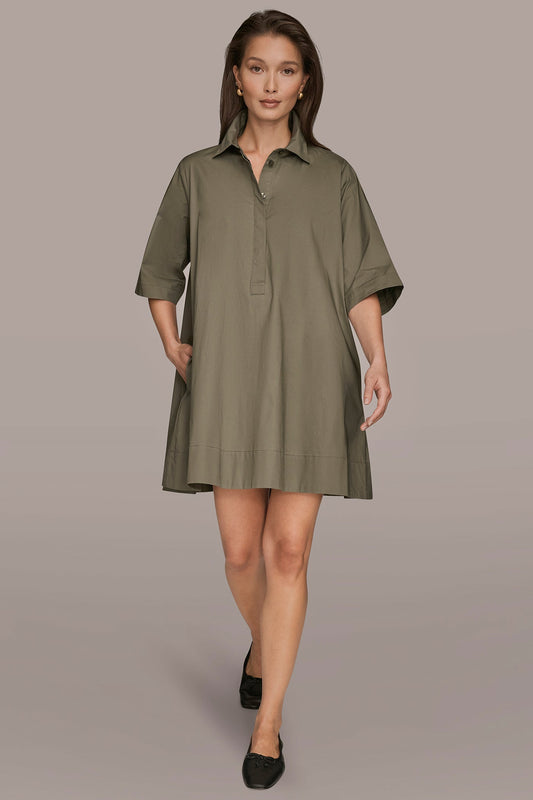 KHAKI GREEN ELBOW-SLEEVE MINI SHIRT DRESS Donna Karan