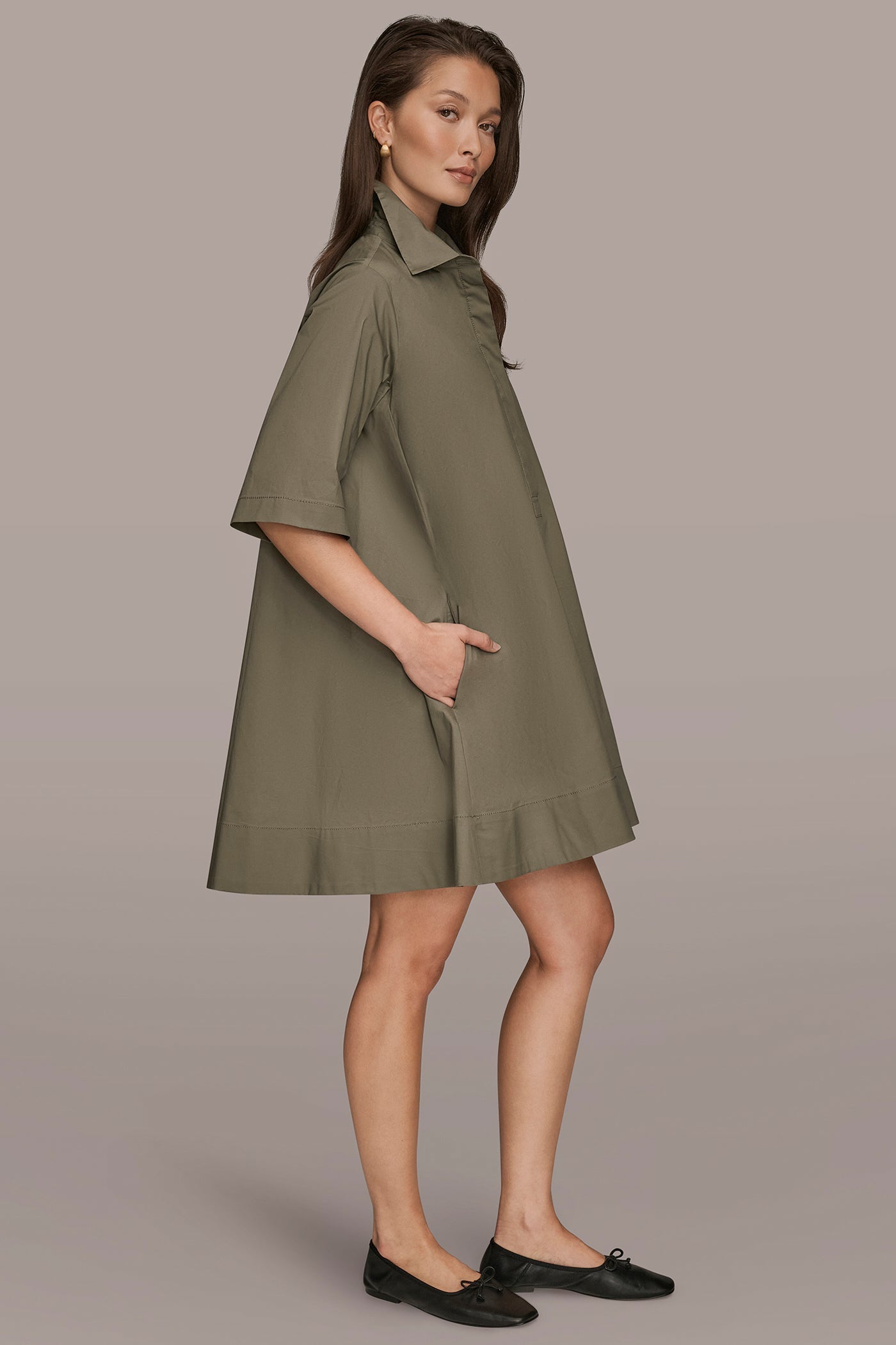 KHAKI GREEN ELBOW-SLEEVE MINI SHIRT DRESS Donna Karan