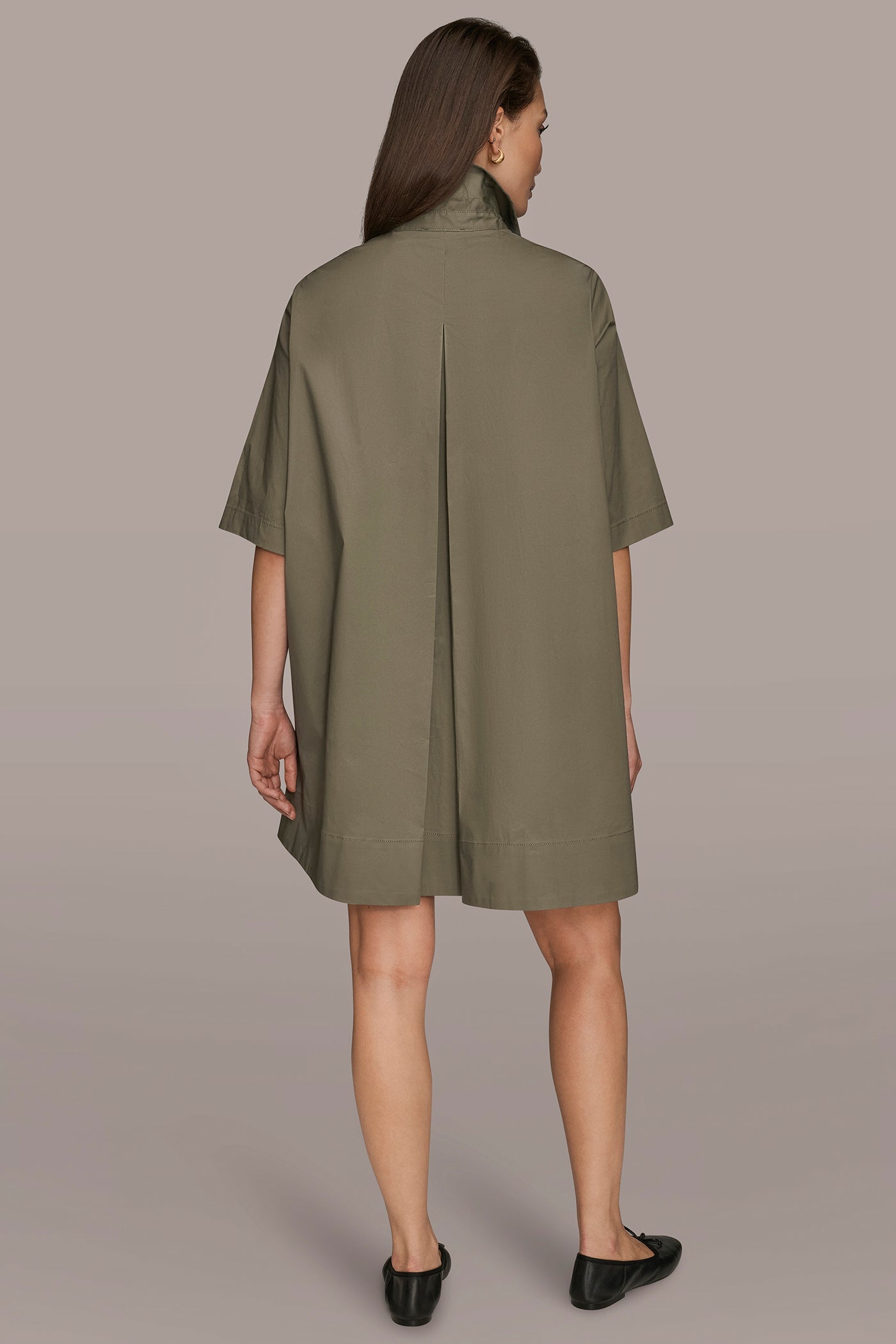 KHAKI GREEN ELBOW-SLEEVE MINI SHIRT DRESS Donna Karan