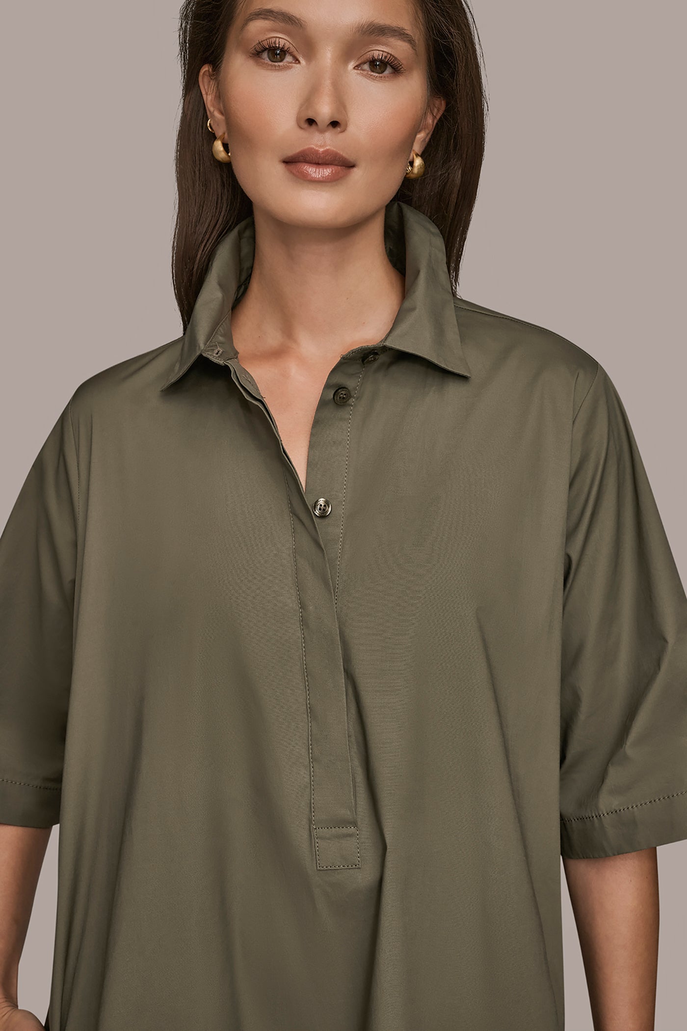KHAKI GREEN ELBOW-SLEEVE MINI SHIRT DRESS Donna Karan