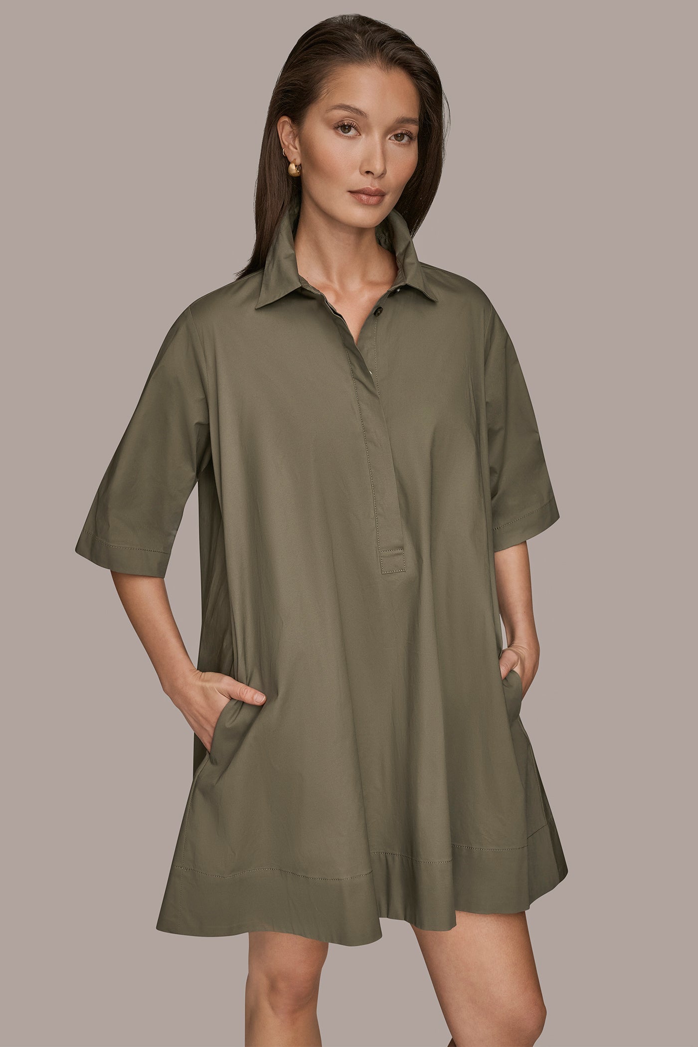 KHAKI GREEN ELBOW-SLEEVE MINI SHIRT DRESS Donna Karan