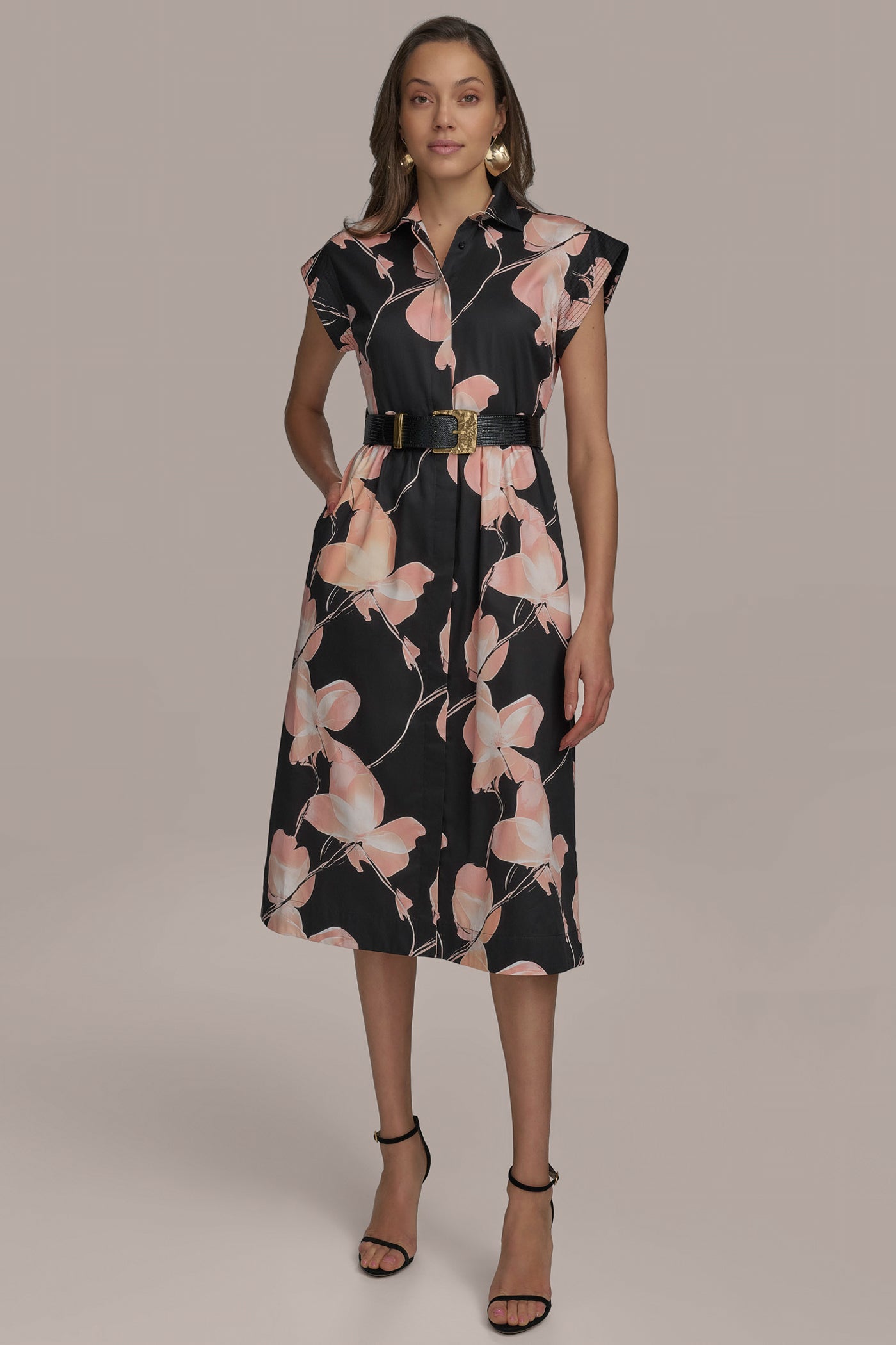 BLACK MULTI SATEEN CAP SLEEVE PRINTED SHIRT DRESS Donna Karan