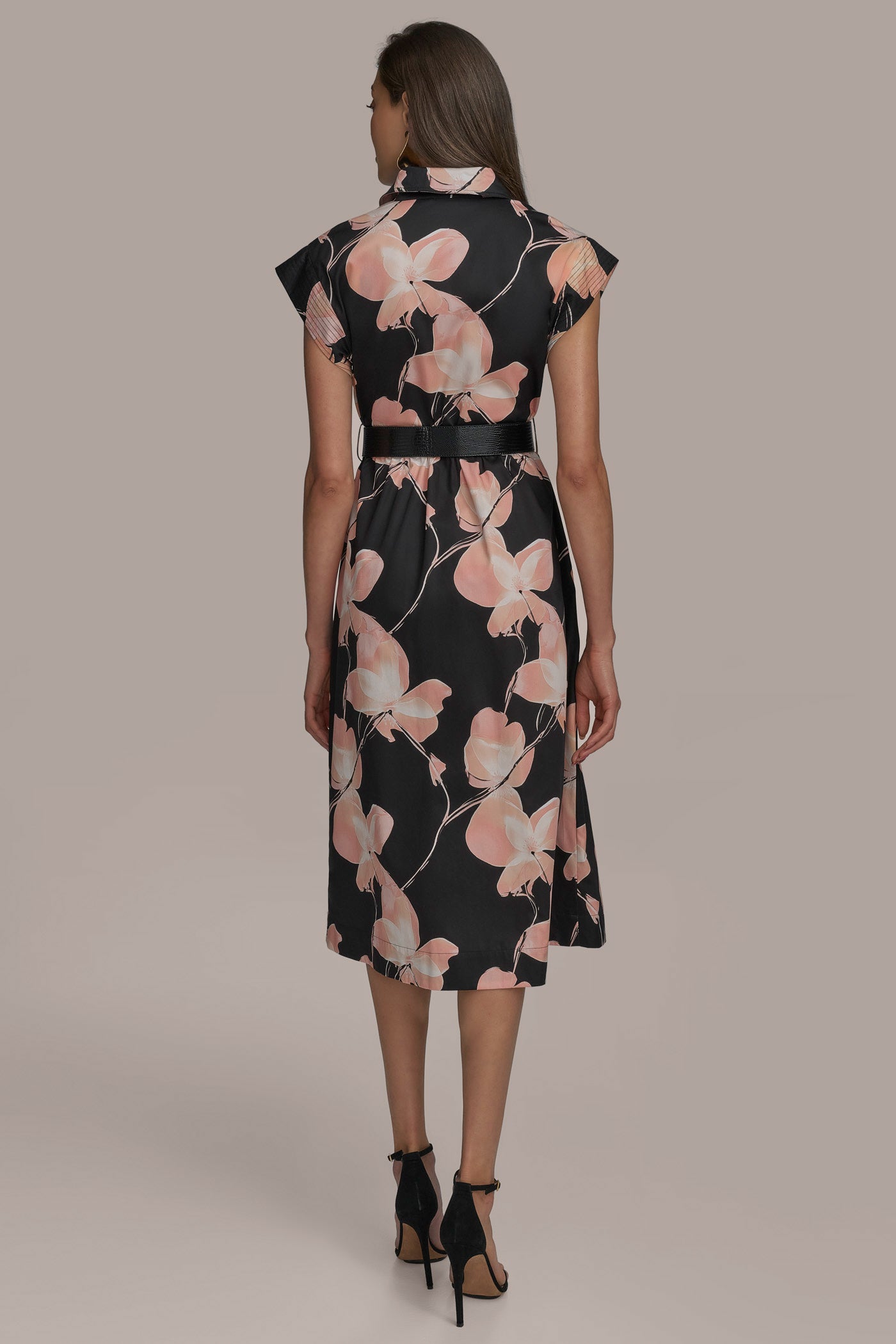BLACK MULTI SATEEN CAP SLEEVE PRINTED SHIRT DRESS Donna Karan