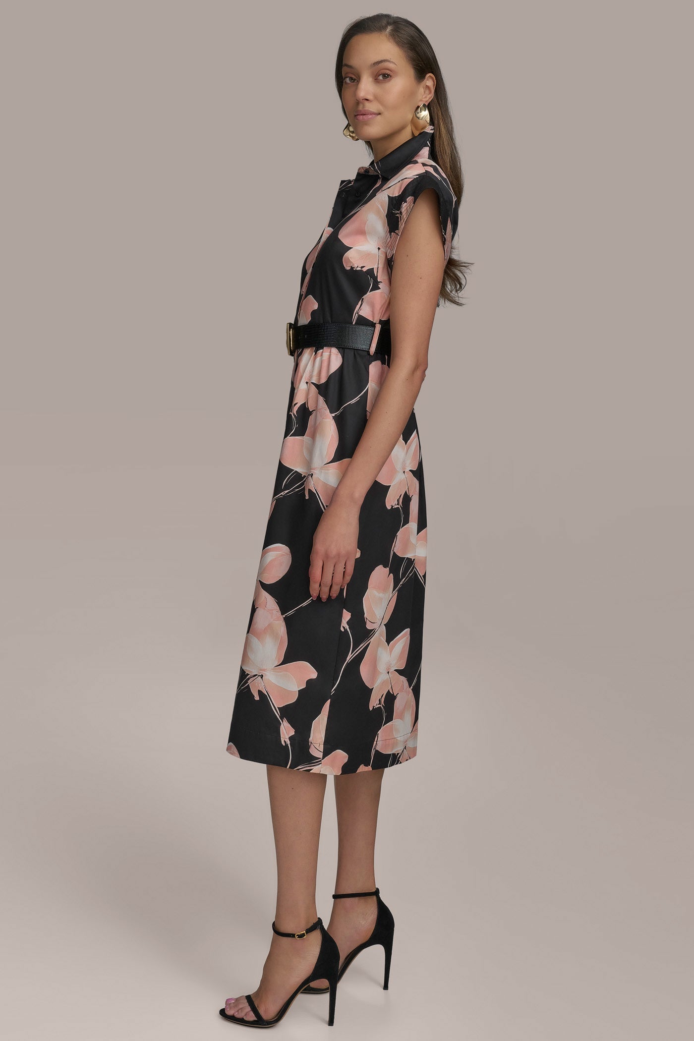 BLACK MULTI SATEEN CAP SLEEVE PRINTED SHIRT DRESS Donna Karan