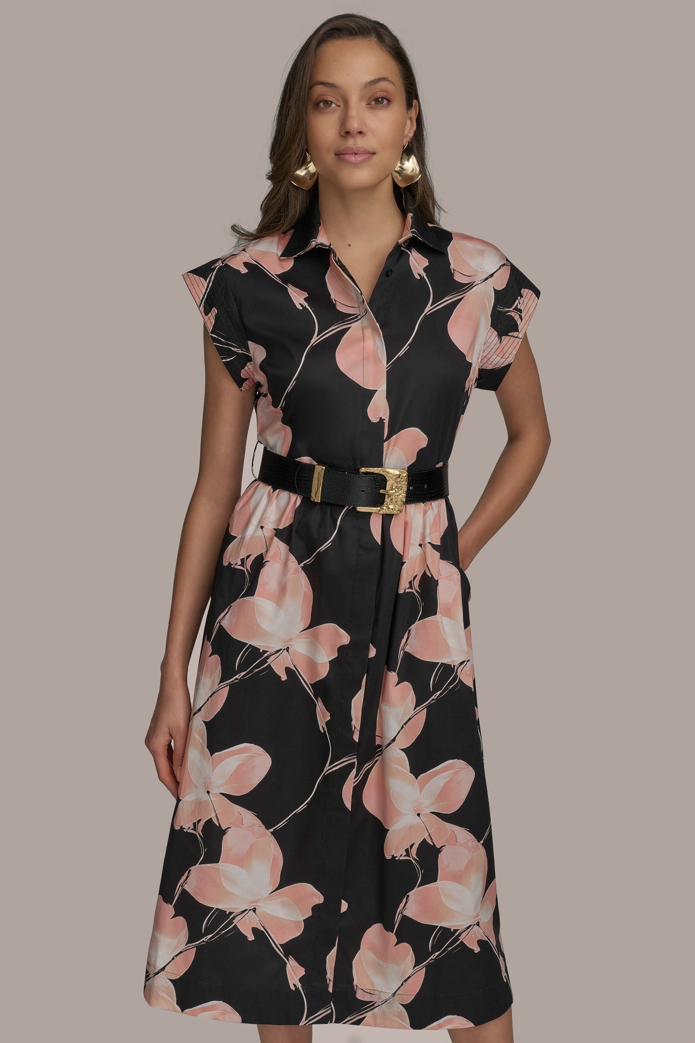 BLACK MULTI SATEEN CAP SLEEVE PRINTED SHIRT DRESS Donna Karan