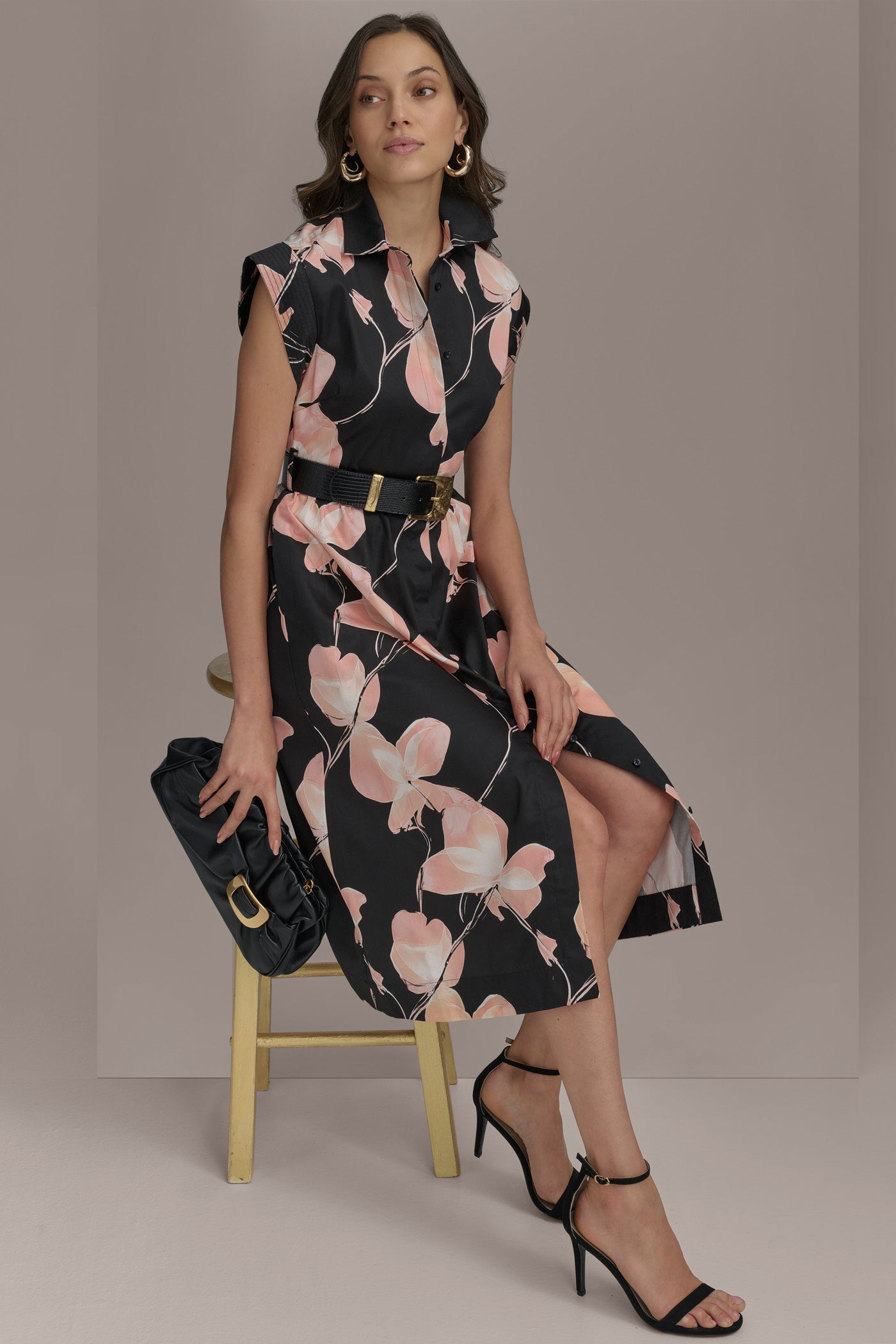 BLACK MULTI SATEEN CAP SLEEVE PRINTED SHIRT DRESS Donna Karan